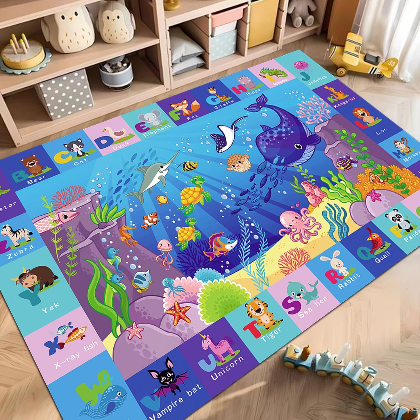 LTKOUGFAM Baby Mat for Floor-Underwater World Play Rug, ABC Kids Rugs for Playroom, Ocean Playmat Crawling Tummy Time Mat, Non-Toxic Non-Slip Foldable Mats (59X39.4 INCH)