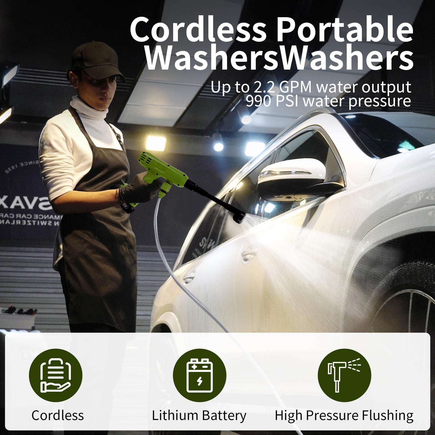 VLAIAN Cordless Pressure Washer,1200PSI Portable Power Washer with 4Ah Battery&Charger,6-in-1 Nozzle,5 Meter Hose,Handheld High-Pressure Car Washer for Cars/Yard/Home/Floor,Green