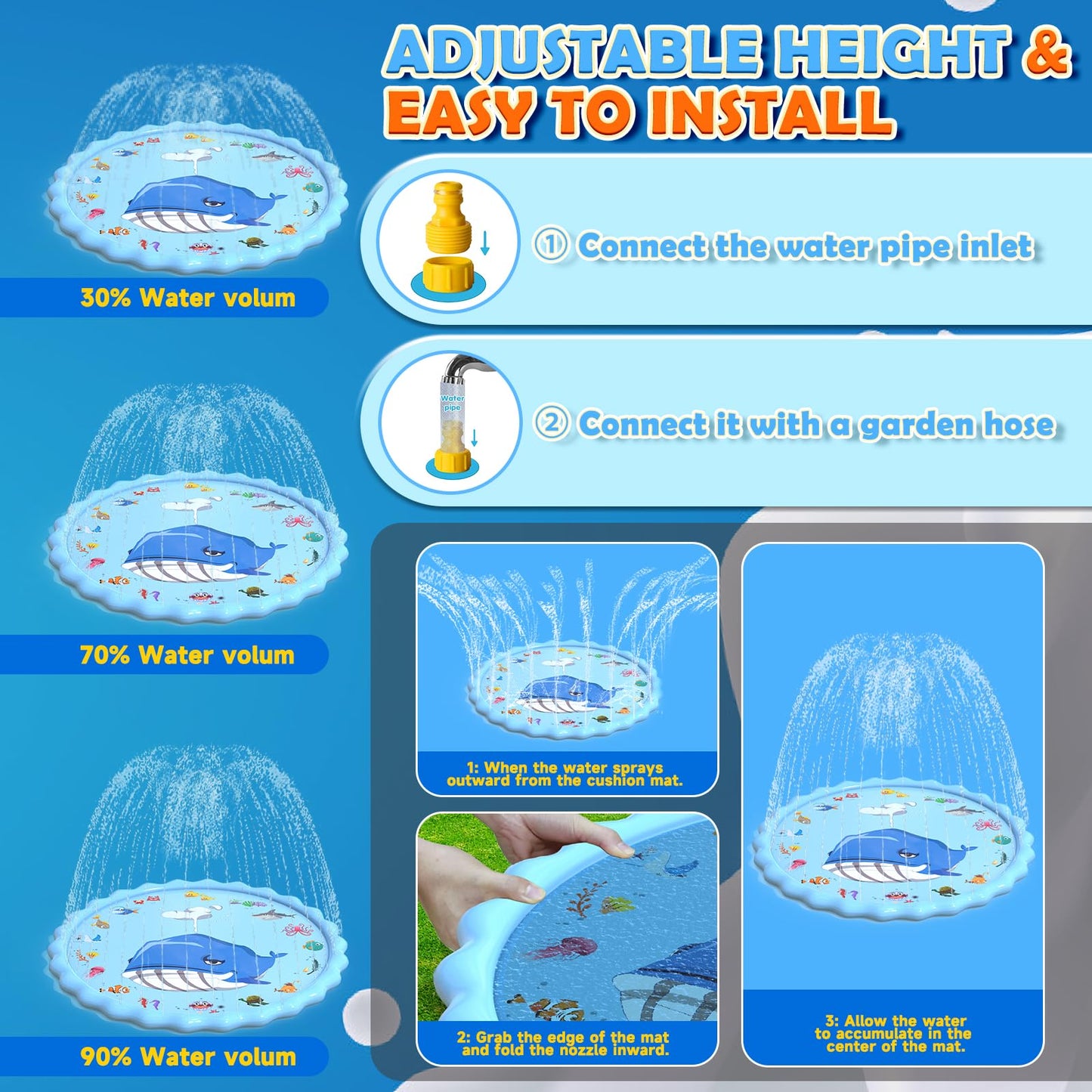 BerrysParadise 102" Splash Pad, Sprinkler & Splash Play Mat Toys for Kids Water Toys, Inflatable Wading Pool Extra Large Thicker Summer Outdoor Funny Toys for 3-12 Years Old Children Boys & Girls