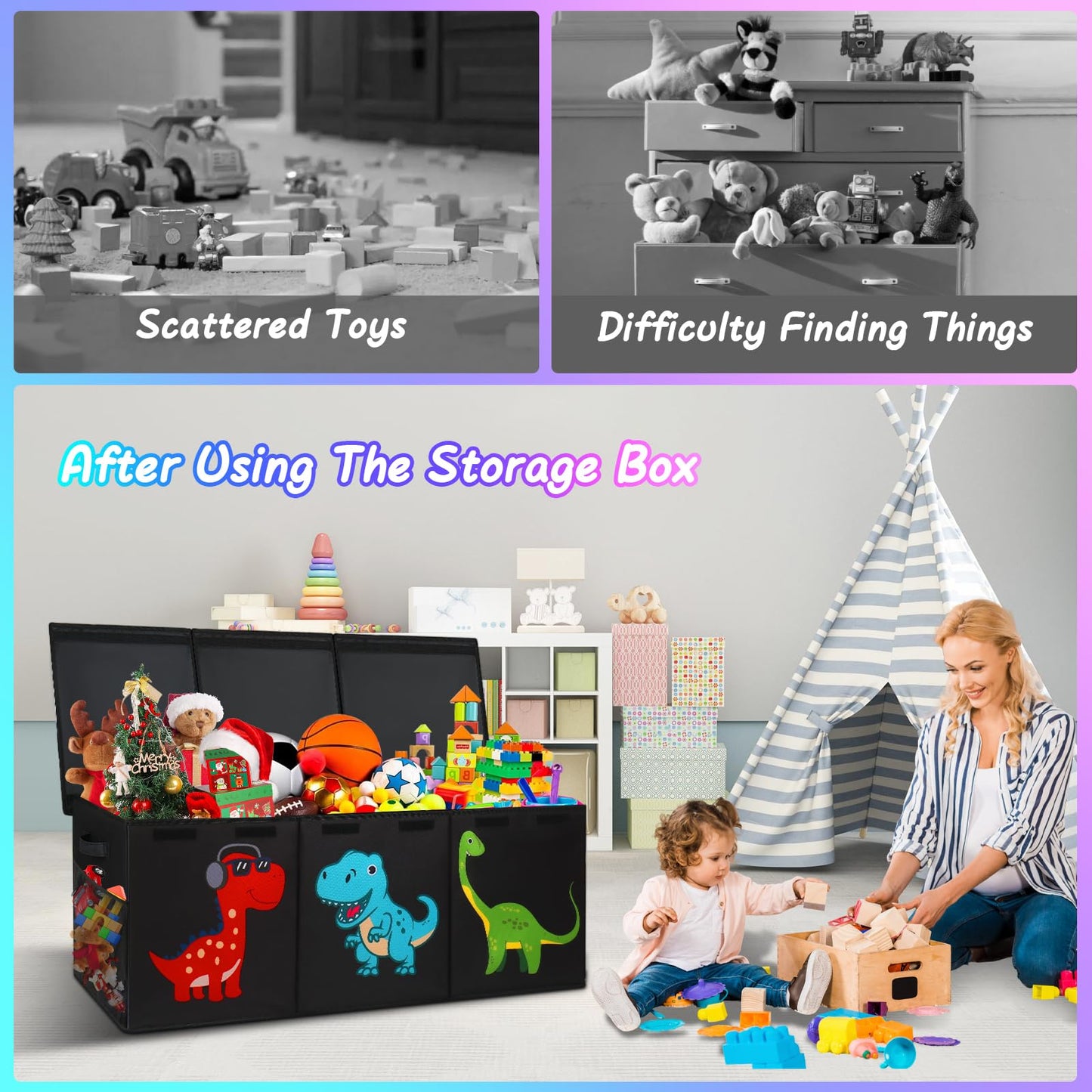 Mabahoo Extra Large Toy Box Chest, Collapsible Sturdy Kids Storage Organizer Bins with Lids, Black Dinosaur Toy Chest for Boys Girls, 40"x16"x16" Toy Storage Bin Boxes for Playroom Bedroom Nursery