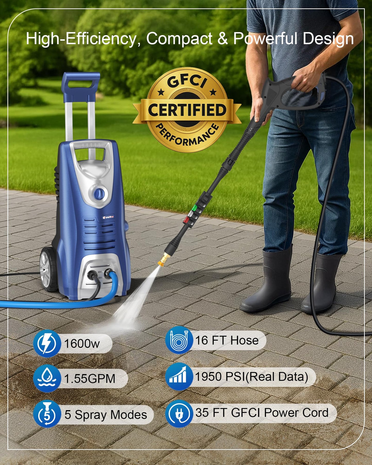 1600W Washer with 5Nozzles Set&Foam Cannon,16ft Hose,Adjustable Handle,Power Washer for Driveways, Cars, Fences, Decks, Patios&Outdoor Cleaning