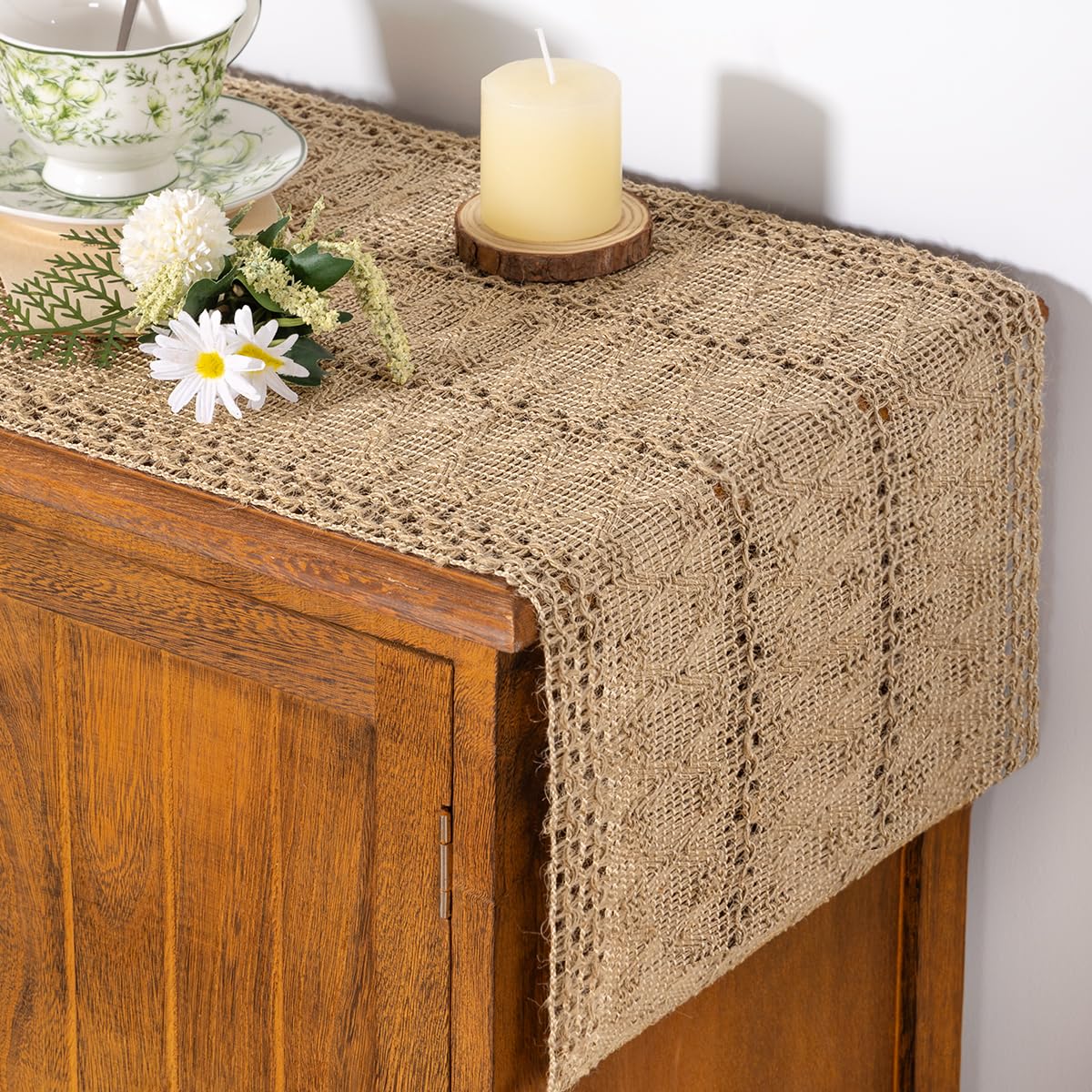 Socomi Boho Table Runner Easter Spring Farmhouse Burlap Jute Bamboo Rustic Dining Kitchen Centerpiece Decor Small Macrame Woven Coffee Table Runner for Dresser Scarf Home Decor 12x60 inch