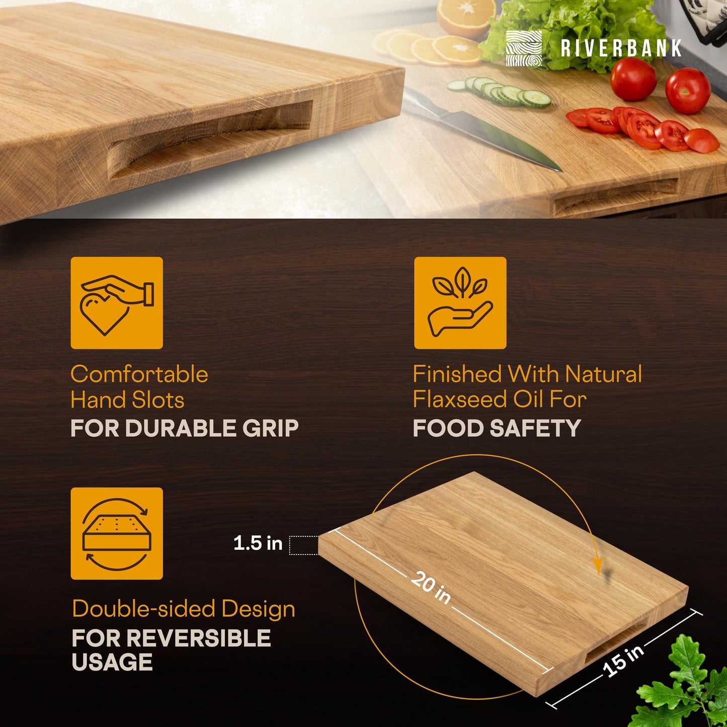Riverbank Solid Wood Oak Butcher Block Cutting Board in Extra Large XL Size 20"x15"x1.5", Reversible Wooden Chopping Board with Handles, Gift Box Included