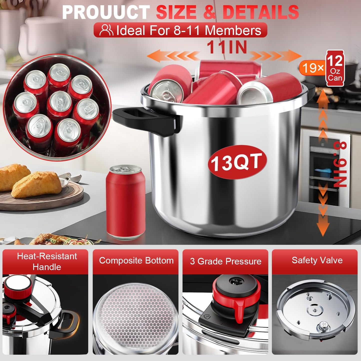 3-In-1 304 Stainless Steel Pressure Cooker 13 Quart: [Explosion-Proof] [3 PSI Settings], One-Hand Locking Pressure Canner, Induction Compatible, Glass Lid & Steamer Rack Included, Olla de Presion