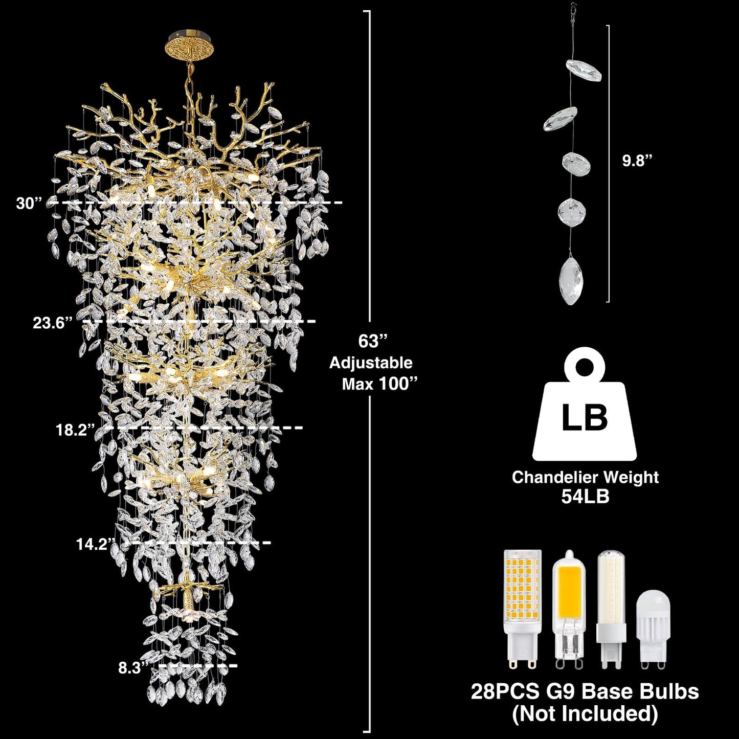 118'' Long Crystal Chandelier for High Ceiling, 28-Light Modern Gold Tree Branch Chandelier, Large Chandeliers for Foyer Entryway Staircase Living Room, 5-Tier Luxury K9 Crystal Raindrop Light Fixture