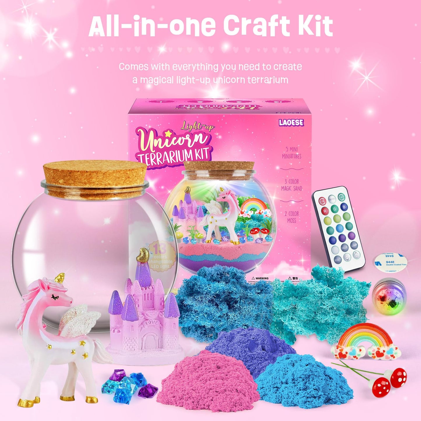 LAOESE Unicorn Light-Up Terrarium Kit for Kids – LED Night Light DIY Arts and Crafts Kit, Unicorn Toys for Girls Ages 4 5 6 7 8-12 – Birthday Easter Gifts for Girls