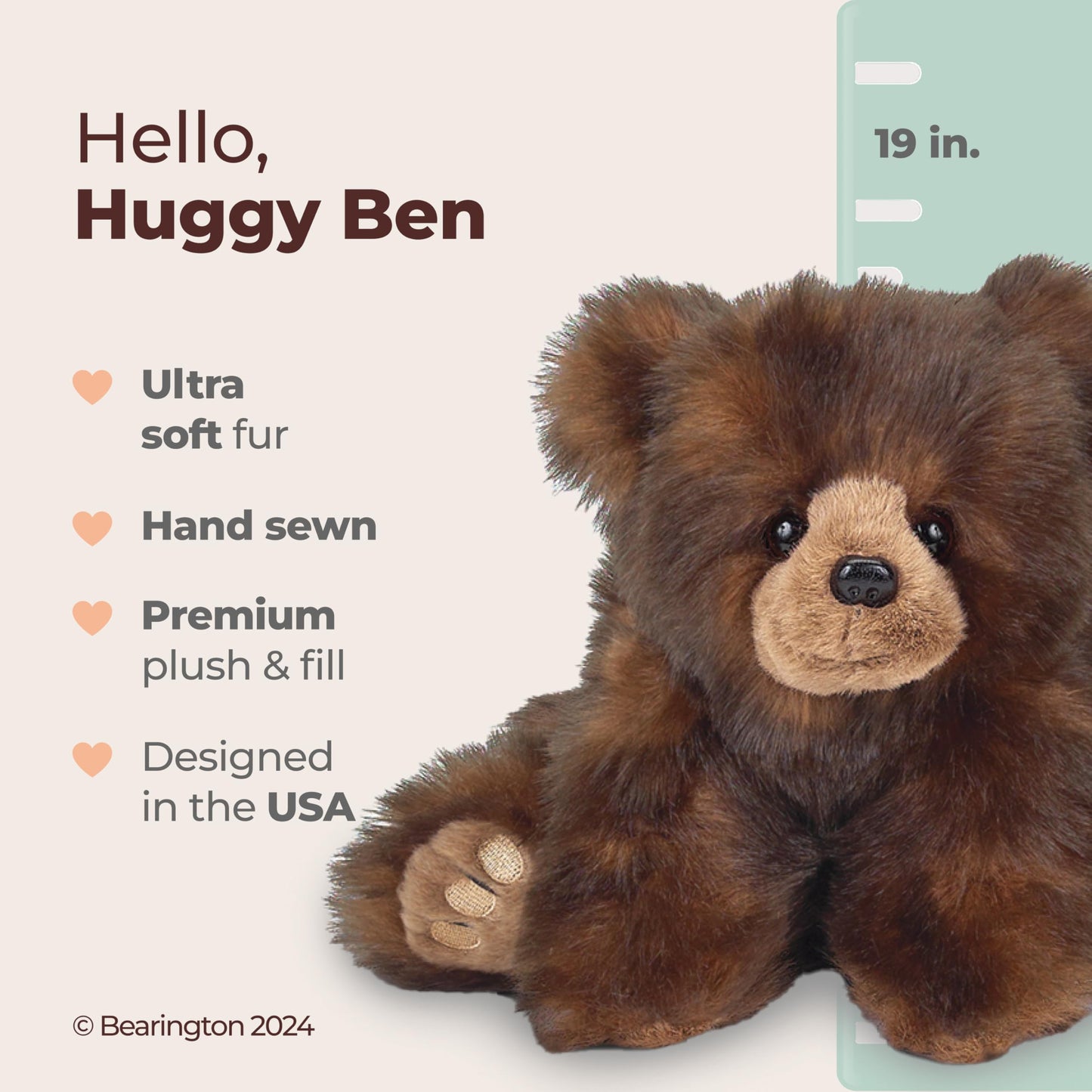Bearington Huggy Ben Teddy Bear Stuffed Animal Plush Toy - 19" Soft Brown Huggable Bear with Bean Bag Weighted Body and Floppy Limbs - Classic Plush Teddy Gift for Kids, Babies, Collectors, and Adults