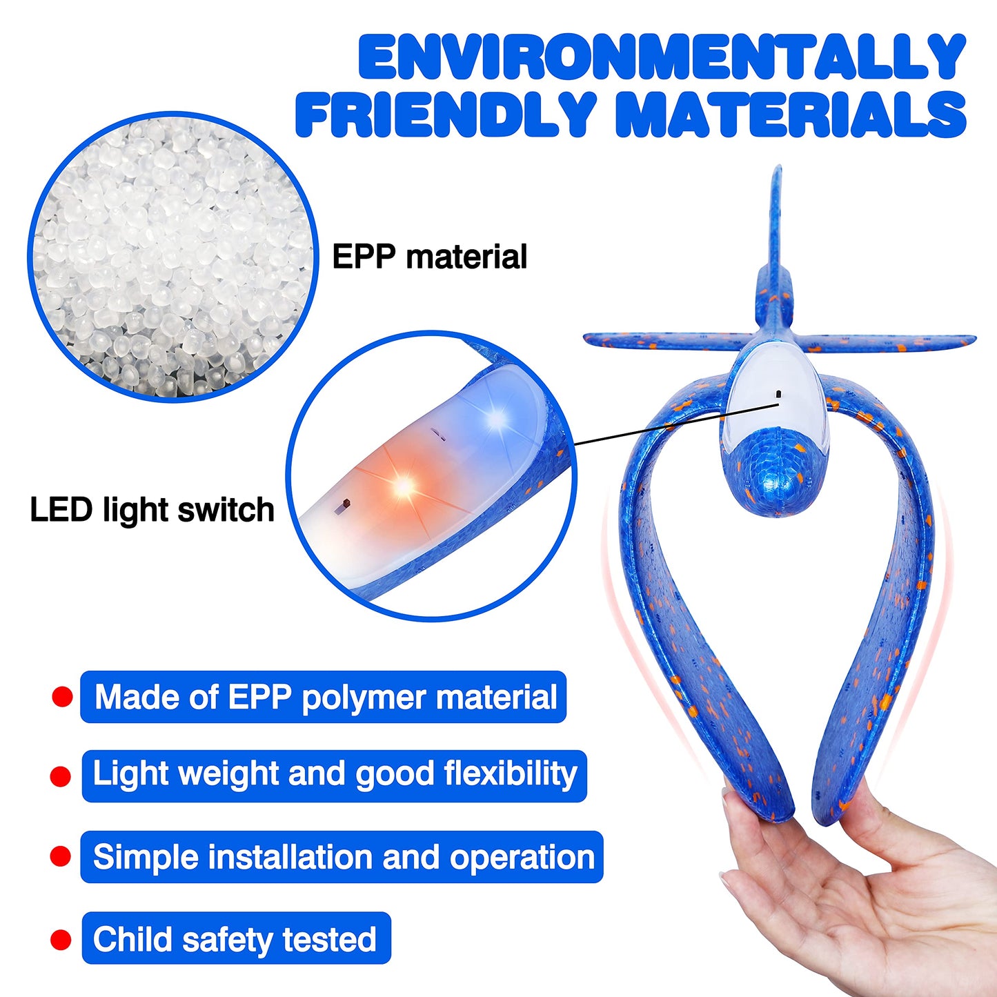 CUKU 4 Pack LED Light Airplane Toys-17.5" Large Throwing Foam Plane-2 Flight Modes Glider Plane-Outdoor Flying Toys for Kids-Flying Toys Gift for Boys Girls 3 4 5 6 7 8 9 Years Old