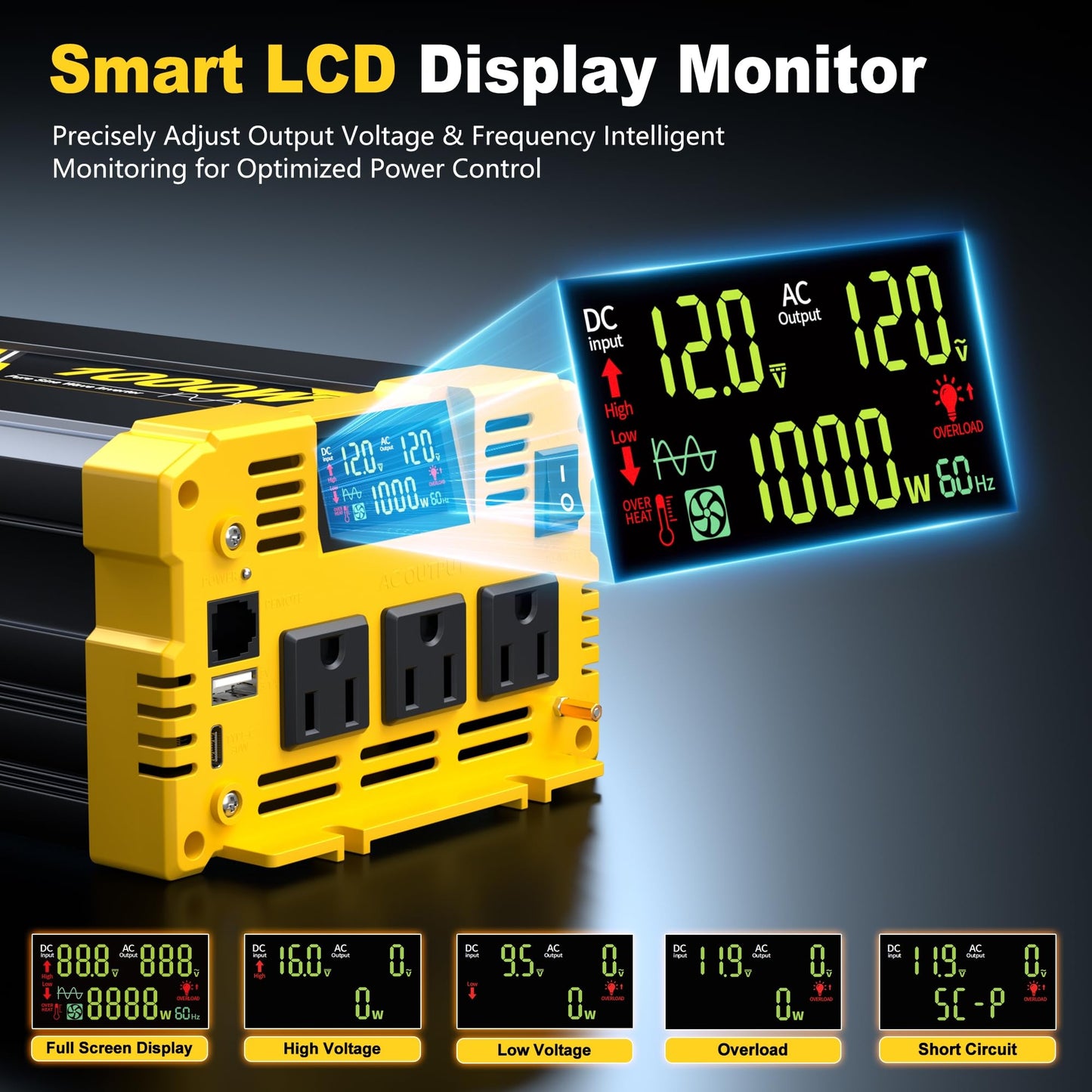 1000W Pure Sine Wave Inverter,12V DC to 120V AC–Powers Laptop,Tablet,Printer,Slow Cooker,Small Mixer,Car Refrigerator,Switch and PS5 with Led Display and Remote Monitoring