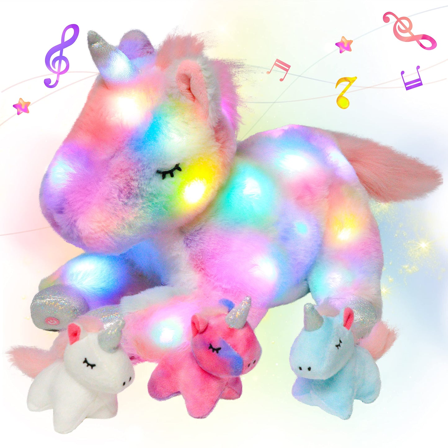 Hopearl LED Musical Stuffed Unicorn Playset Lighting Up Singing Plush Toy Mommy Unicorn with 3 Baby Unicorns in her Tummy Lullaby Animated Soothe for Mom Toddlers Girls, Rainbow, 19''