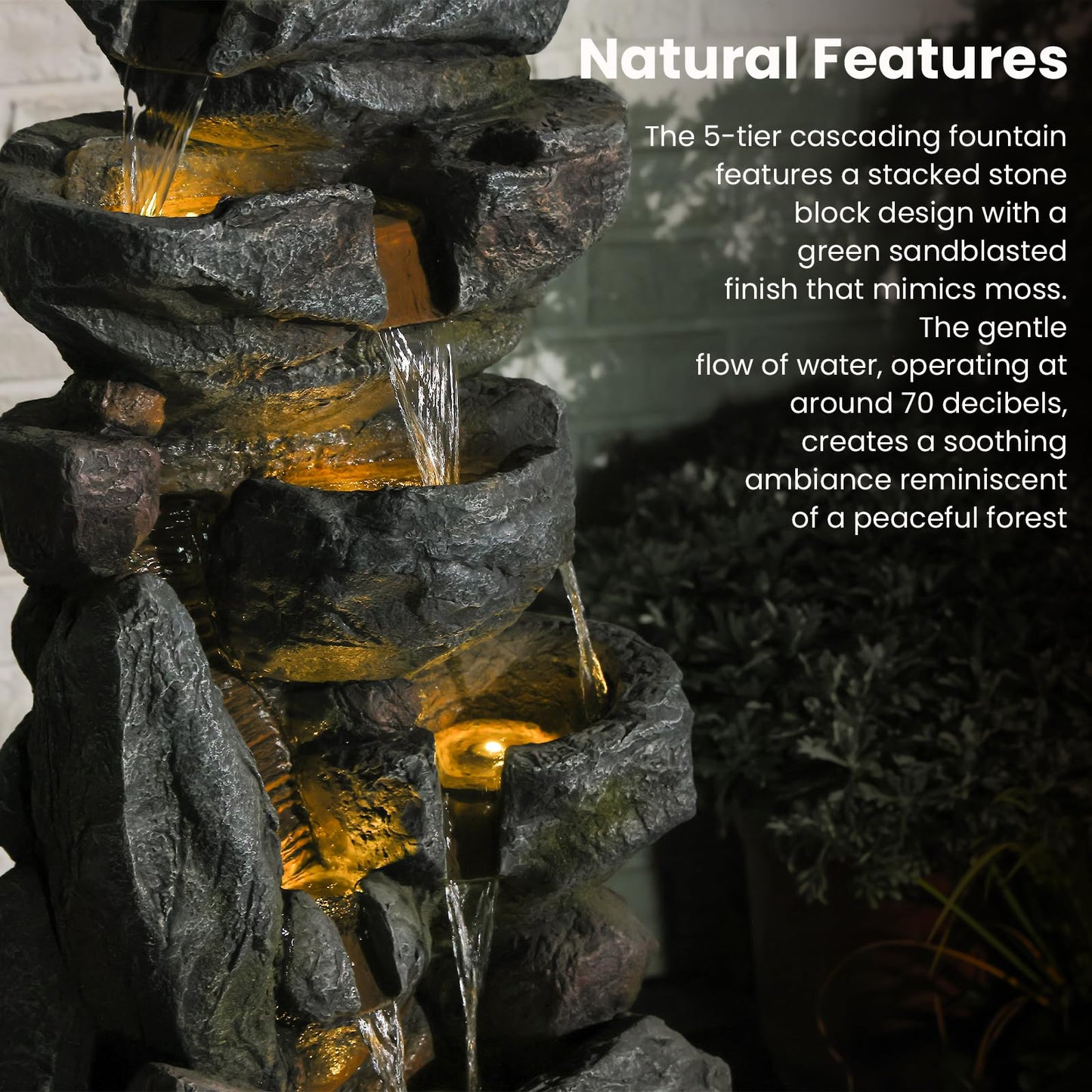 The 5-Tiered Rock Water Fountain Outdoor&Indoor, 31.5’’H Floor-Standing Garden Fountains, Stone Feature and Waterfall with Lights for Patio, Backyard, Deck, Porch, Home DéCor, Gray