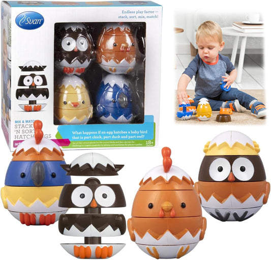 Egg Stacking & Sorting Animal Toys, Mix & Match Hatching Nesting Dolls (4 Farm Friends)- Fine Motor Skill Shape Sorters, Preschool Color Building Game Puzzle- Baby, Toddlers or Kids Montessori Gift
