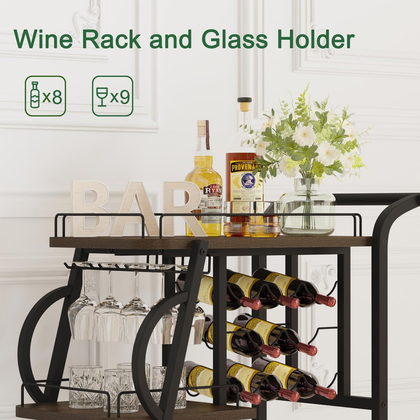 Aubtik Rustic Bar Cart, 3 Tier Rolling Bar Carts for The Home, Industrial Home Serving Cart with Wine Glass Holder, Wood Metal Liquor Trolley, Mobile Beverage and Drink Carts (Walnut Brown)