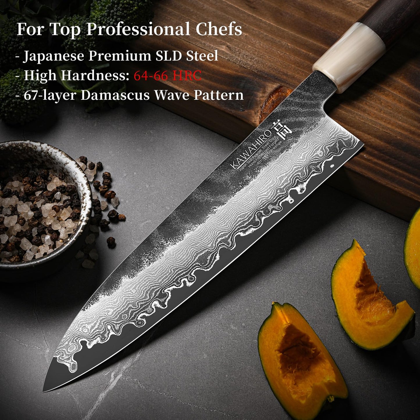 Japanese SLD Steel Chef Knife 210mm – 67 Layer Damascus Chef Knife, HRC 64–66 Ultra Hard Core, Hand Forged Professional Chefs Knife with Distal Taper, Ebony Wood & Horn Handle, Wooden Gift Box
