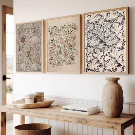Vintage William Morris Wall Art Decor Boho Floral Botanical Canvas Pictures Abstract Neutral Flower Prints Vintage Farmhouse Artwork Painting for Living Room Bedroom 12x16 Inch Unframed Set of 3