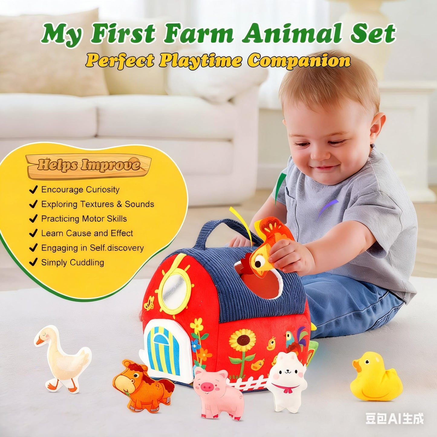 Baby Toys 6-12 Months Montessori Sensory Toy Barn with Stuffed Farm Animals, Rattle, Crinkle for Infants. Portable Learning Gift for 6 Month Old, 1-3 Year Old Toddlers, Christmas Stocking Stuffers