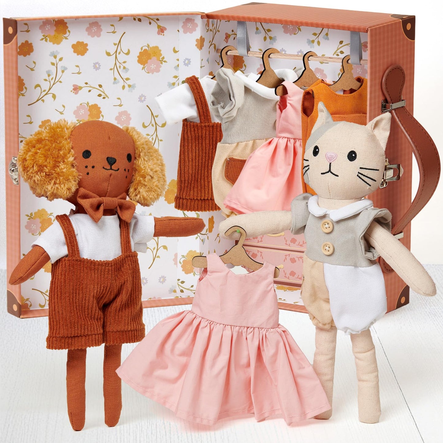 Golray Portable Dress Up Plush Doll Set with Storage Case, Cat & Dog Stuffed Animal Toys, Doll Clothes with Wooden Hangers & Suitcase Wardrobe Travel-Ready Toy Organizer, Gifts for Girls Ages 3+
