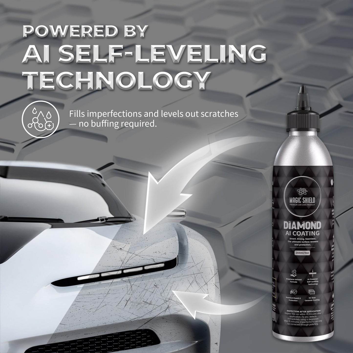 Magic Shield Diamond AI Coating – Graphene Liquid Self-Leveling Techology | Repairs & Protects | Last for 10 Years | High-Gloss Shine | Hydrophobic & Scratch-Resistant | for Car Paint, Headlights ONLY