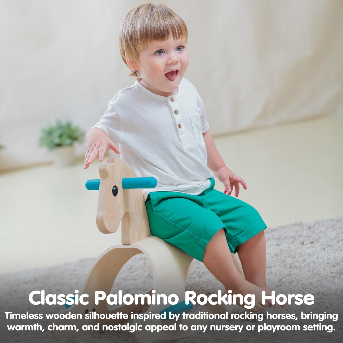 PlanToys® Classic Wooden Palomino Rocking Horse for Toddlers | Eco-Friendly Montessori Ride-On Toy for Balance, Strength & Coordination | Sustainable Rubberwood Construction