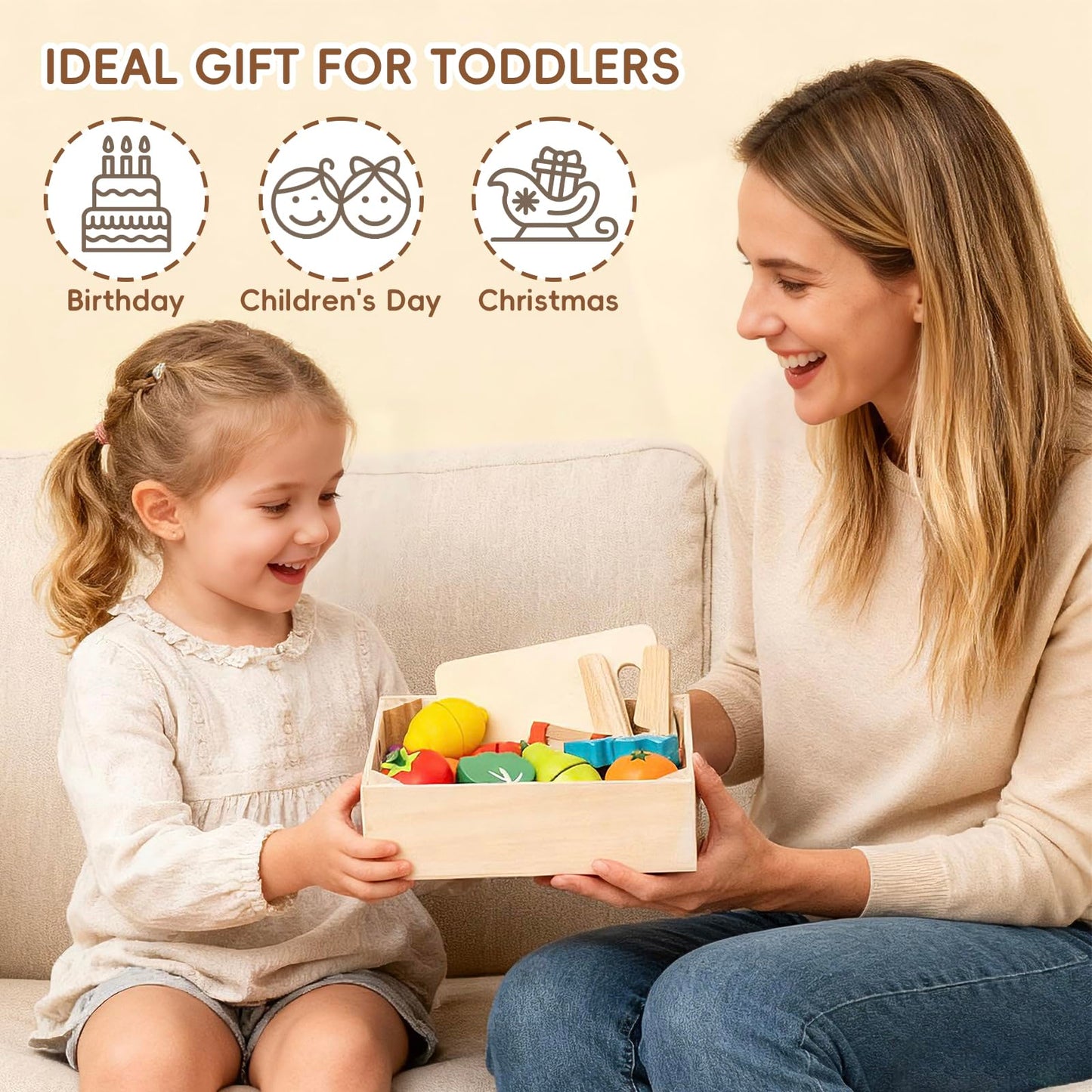 KDSFT Wooden Play Food for Toddlers - 34Pcs Velcro Fruit and Veggies with Basket & Chopping Board, Play Food Sets for Kids Kitchen Accessories, Cutting Fruit Set for Ages 3+