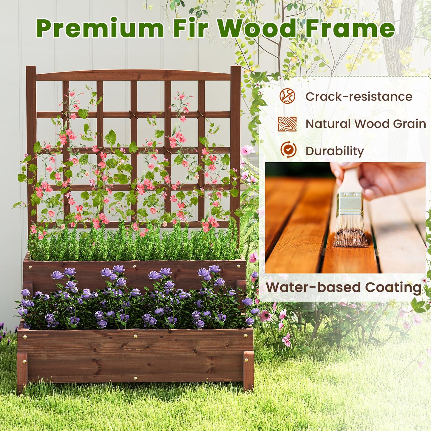 Giantex 2 Pcs Raised Garden Bed with Legs and Trellis, 2-Tier Standing Planter Box with Drain Holes, Outdoor Elevated Garden Trellis for Vine Climbing, Flower Vegetable Fruit Herb Growing