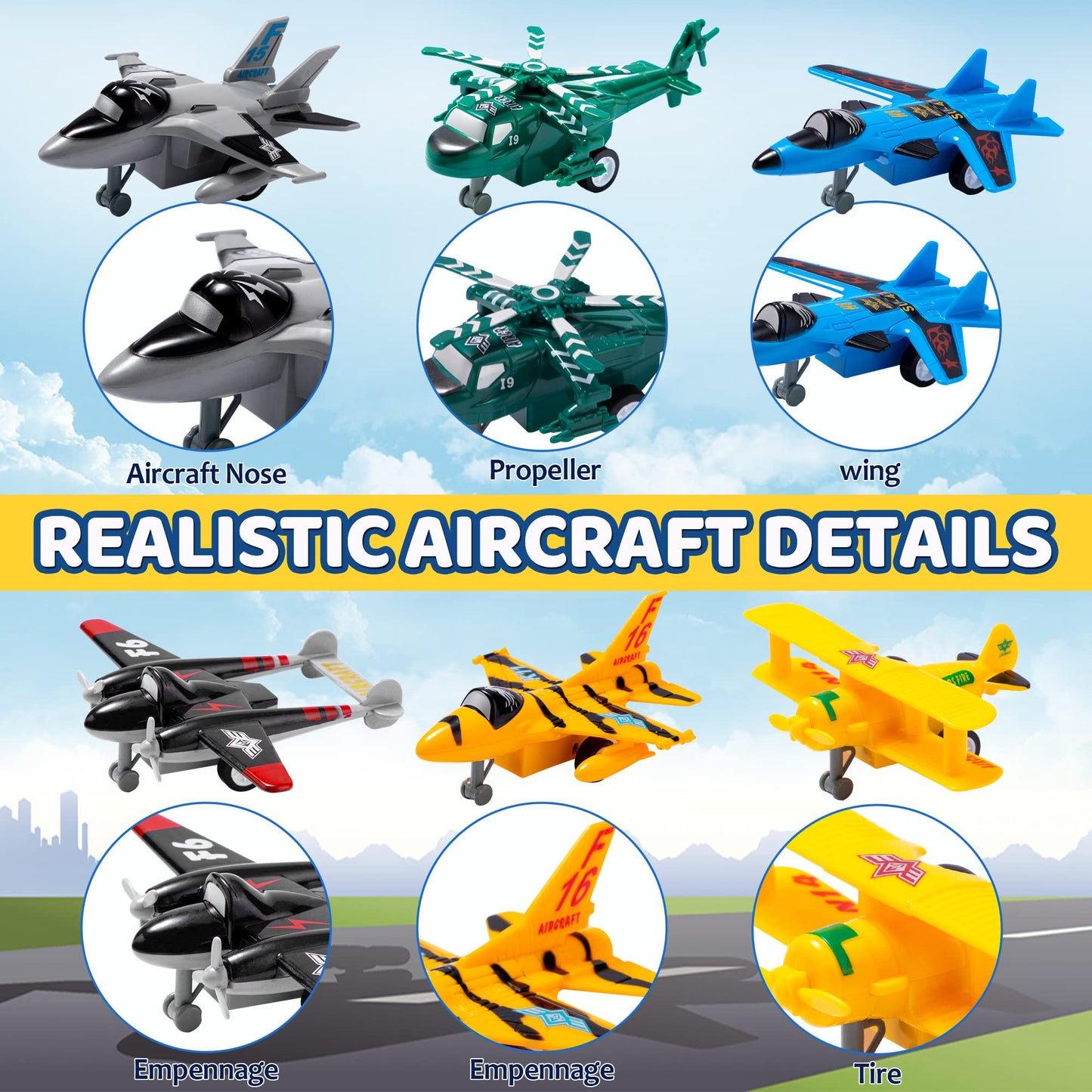 JOYIN 16 Pcs Pull Back Airplane Toys, Boys Plane Playset, Aircraft Incl Helicopter, Fighter, Bomber, Gifts for Toddler Kids 3+ Years Old, Treasure Box Toys for Classroom