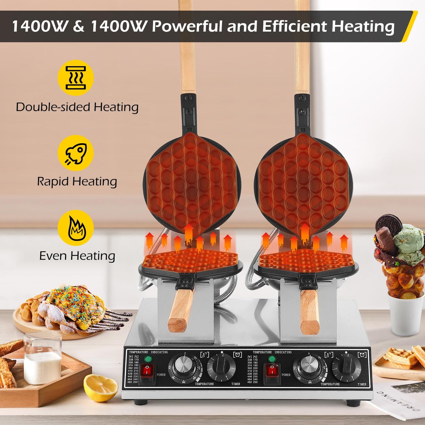 Dyna-Living Bubble Waffle Maker Commercial Double-head Egg Puff Waffle Maker, 1400W & 1400W Non-stick Hong Kong Bubble Waffle Machine, 180° Rotating, Non-stick Coating, Dual Temperature Control