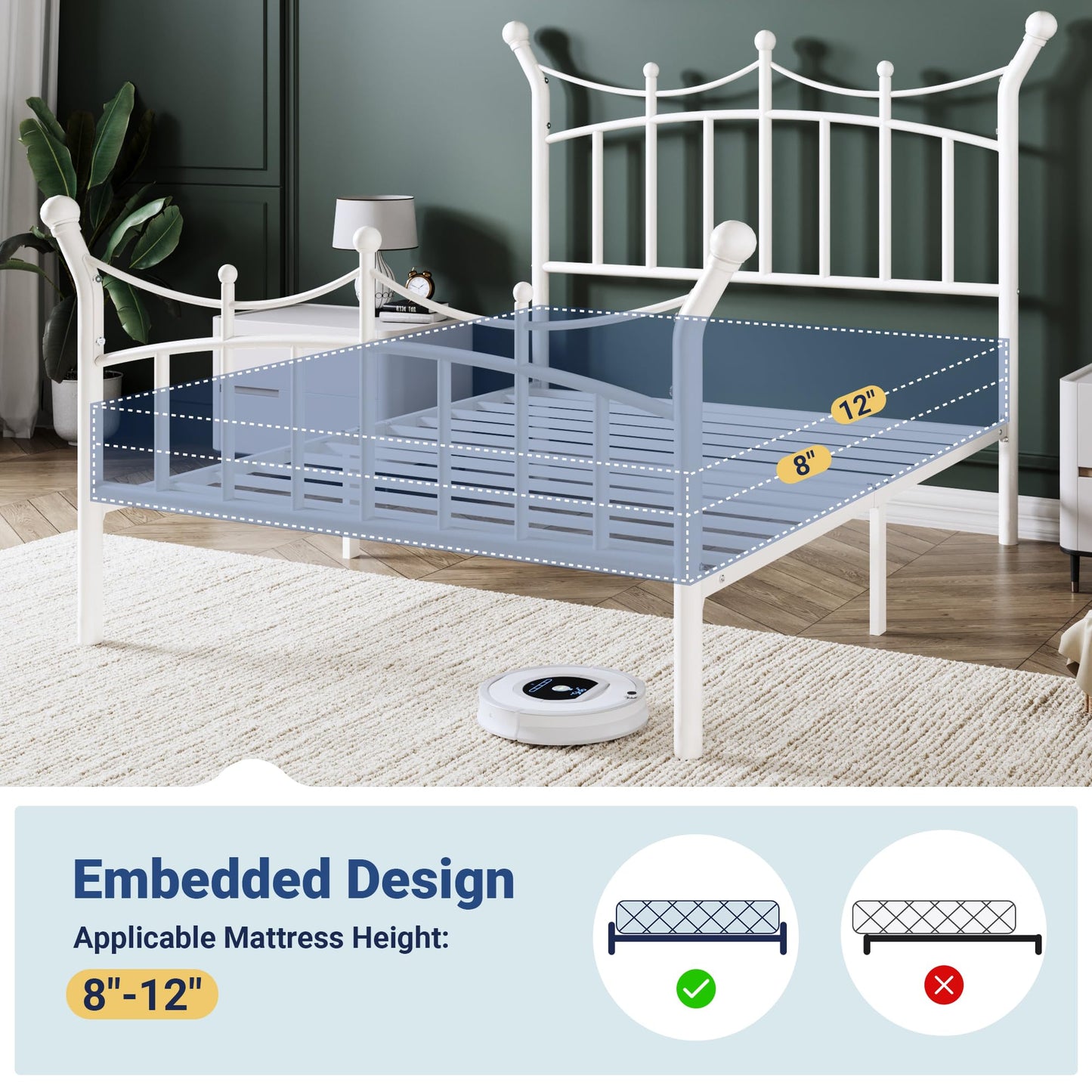 Allewie 14 Inches Twin Size Metal Platform Bed Frame with Elegant Crown Iron-Art Headboard & Footboard, Sturdy Mattress Foundation with Under-Bed Storage, Easy Assembly, No Box Spring Needed, White