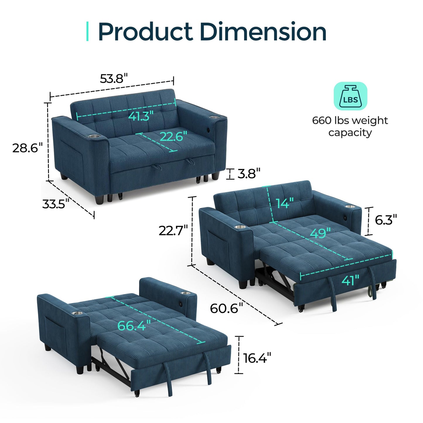 LINSY Sleeper Sofa Bed, 54" Pull Out Couch with Charging Station & Cup Holder, Small 3 in 1 Convertible Loveseat Sleeper Couch for Apartment, Dorm Room, Bedroom and Small Space, Corduroy Blue
