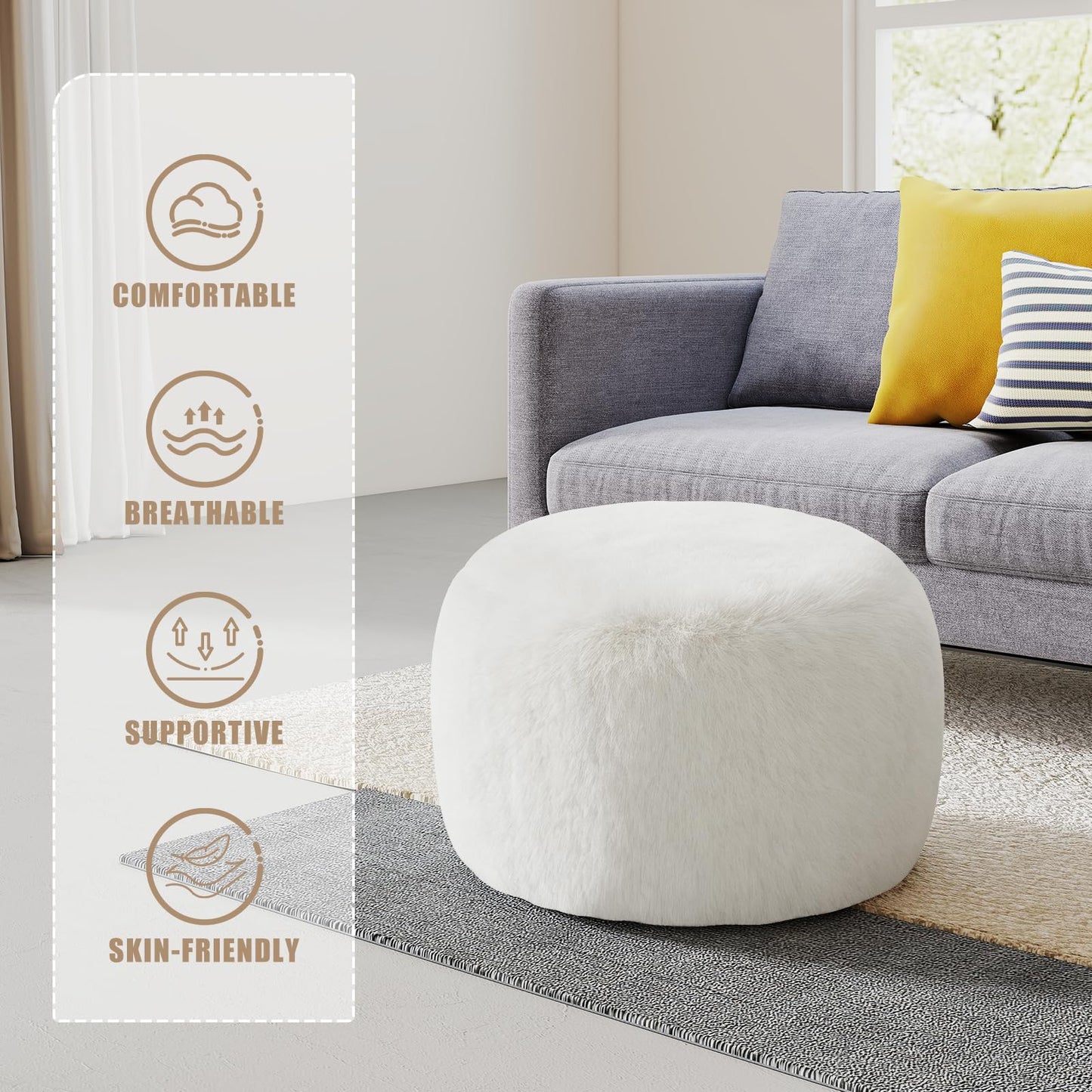 Gericco Round Stuffed Pouf Ottoman for Foot Rest, A Round Modern Foam Filled Poufs, Floor Chair for Living Room, Nursery, Dorm, A Soft Modern Foot Stool Perfect to Rest Your Feet (White, 20Inch)