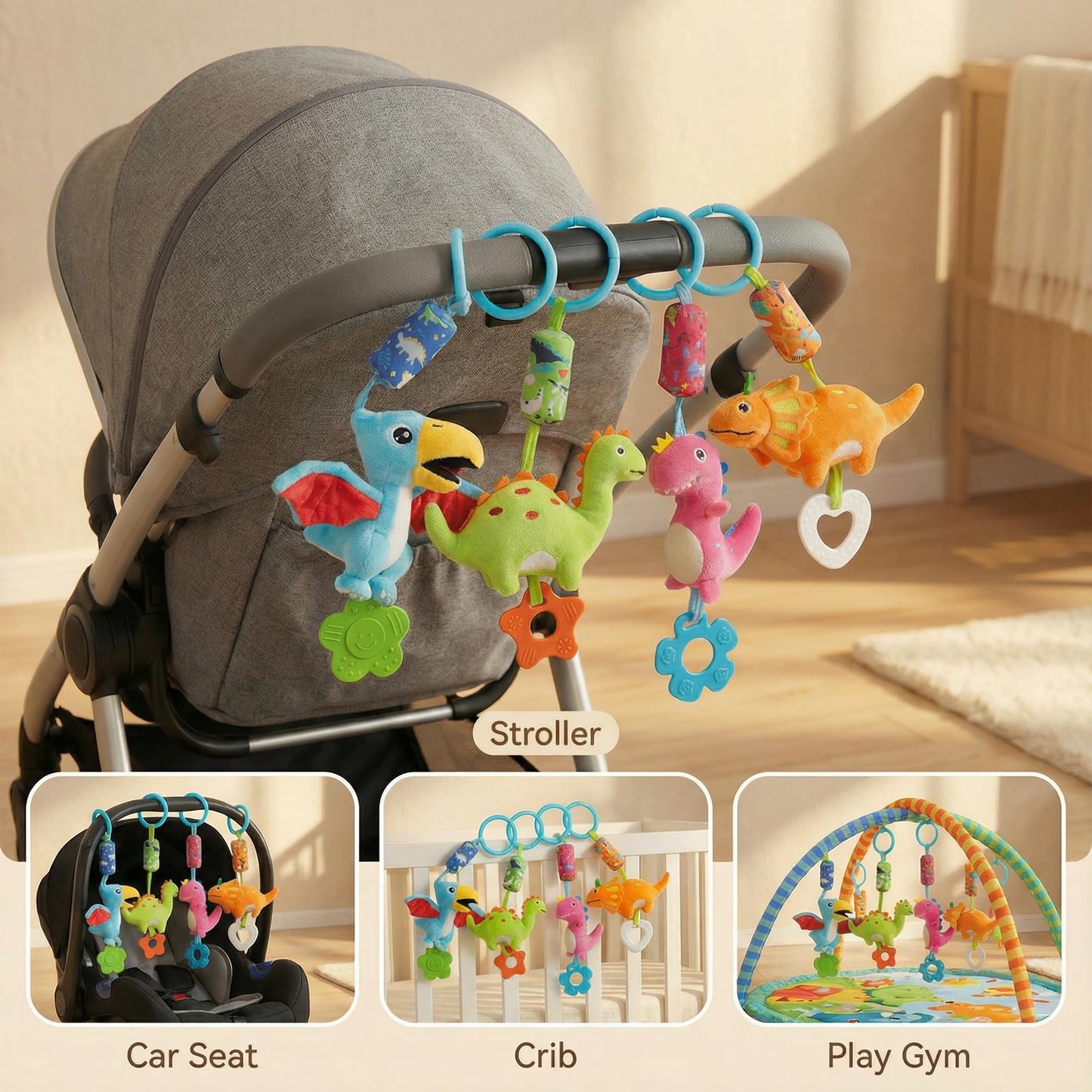 gebra Baby Toys for 0 3 6 9 12 Months, Soft Rattle Wind Chime Car Seat Crib Stroller Toys, Dinosaur Baby Hanging Toys Birthday for Baby Boys and Girls