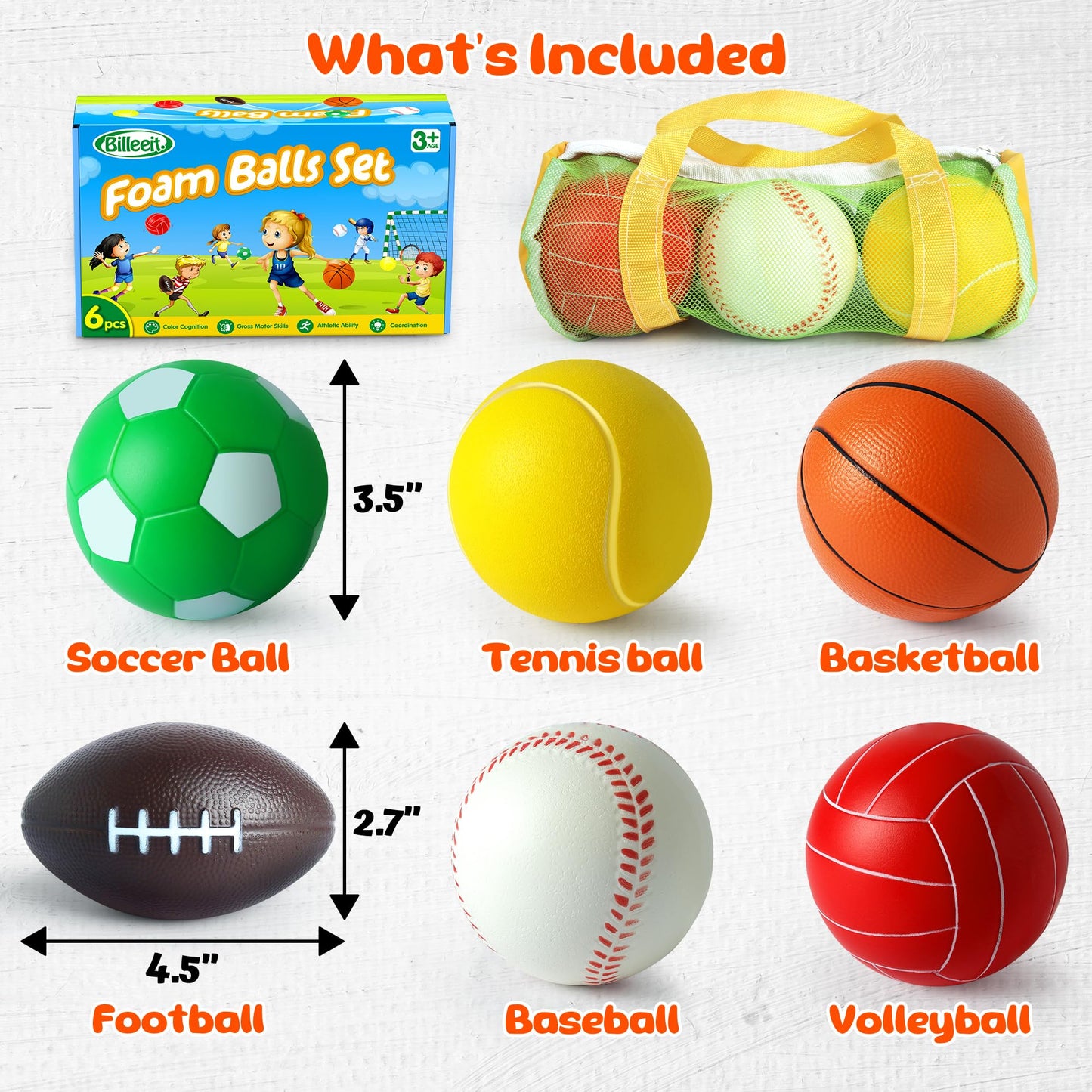 Billeeit Mini Sports Balls Set for Toddler 1-3, Sports Bag for Kids, Include 1 Each of 3.5" Foam Soccer, Tennis Ball, Basketball, Football, Baseball, Volleyball, Fun Baby Ball Toys, Set of 6
