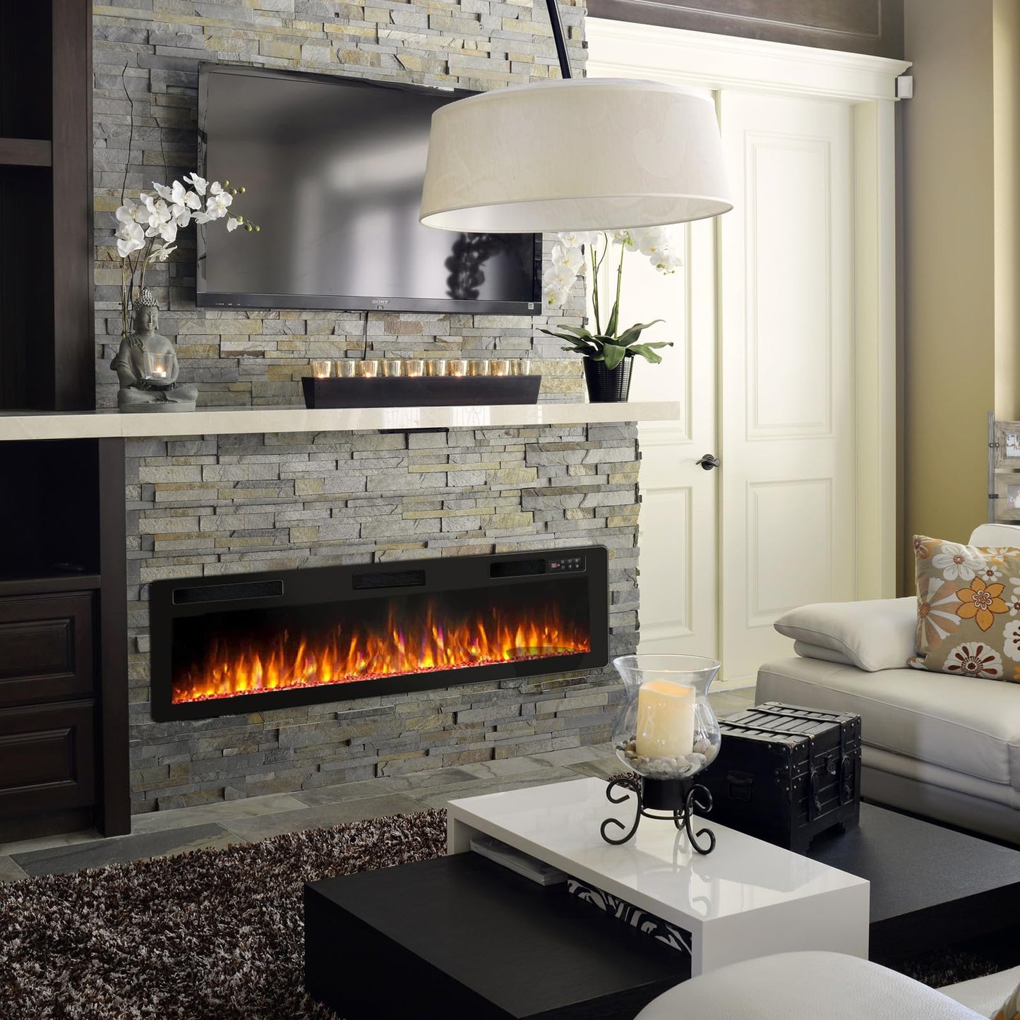 BOSSIN 72 inch Ultra-Thin Silence Linear Electric Fireplace, Recessed Wall Mounted Fireplace, Fit for 2 x 4 and 2 x 6 Stud, 12 Adjustable Flame Color & Speed,Touch Screen Remote Control with 8h Timer