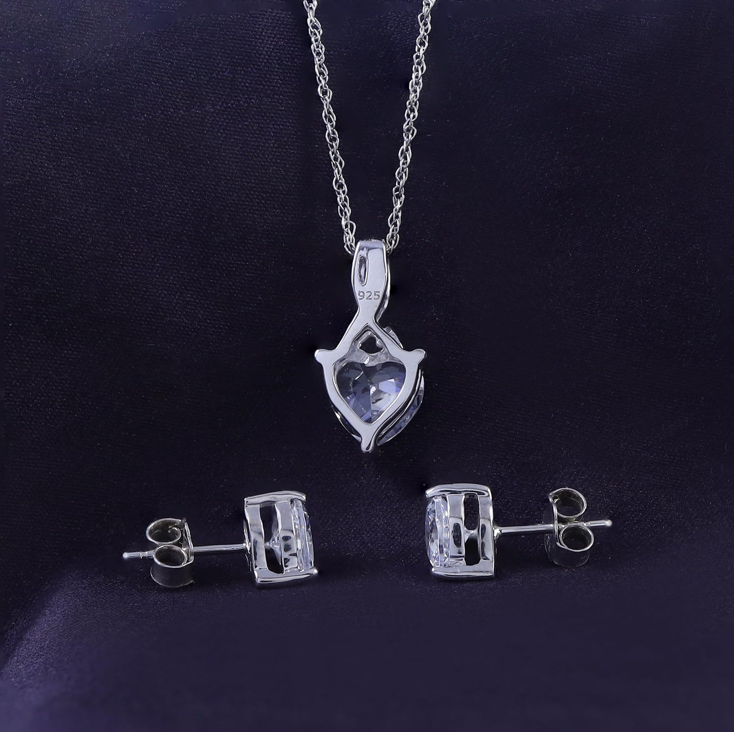 Heart-Shaped Simulated White Sapphire & Round Diamond Accent Pendant Necklace & Earrings Set for Women in 14K Gold Plated 925 Sterling Silver, 18" Rope Chain & Push Backs, Elegant Jewelry Gift