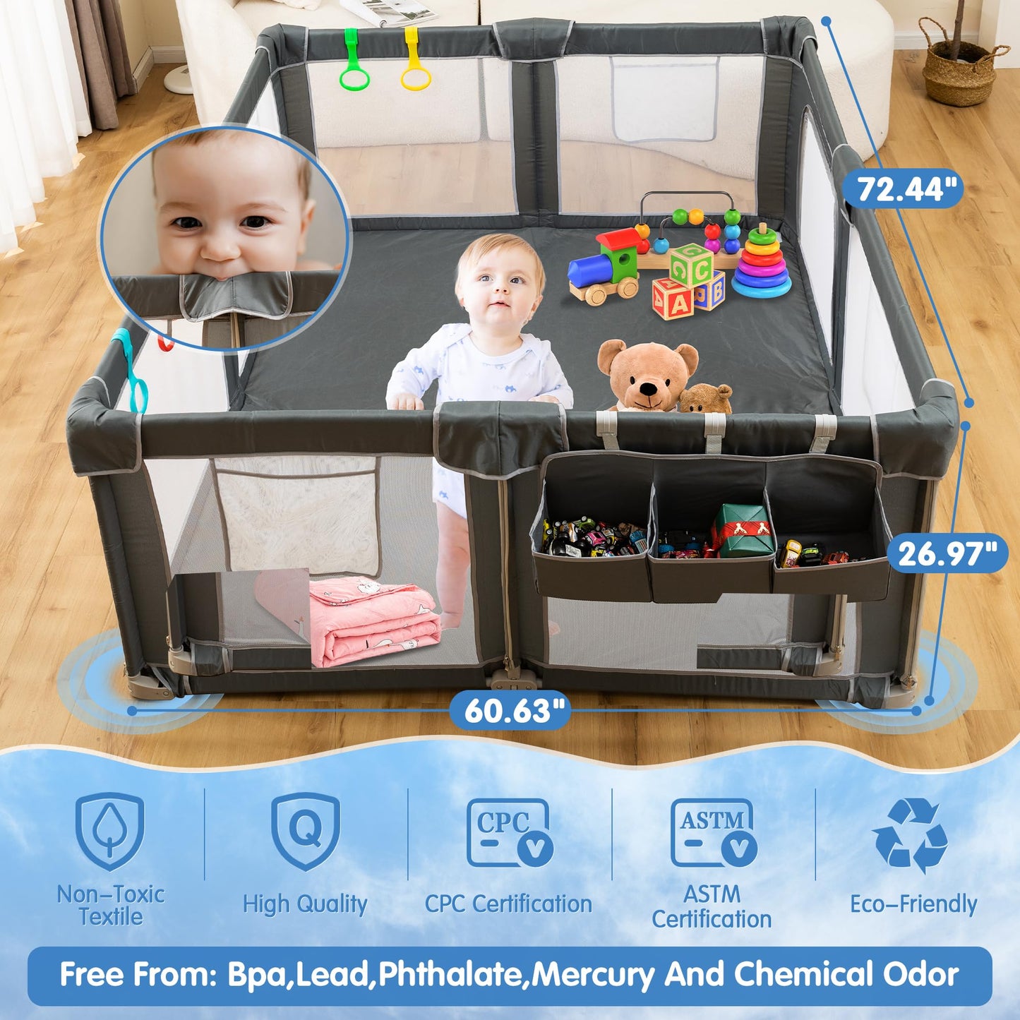 CAPAKIDS Foldable Baby Playpen 59"×71" with Mat, Out-of-The-Box Ready Playpen for Babies and Toddlers, Portable Play Yard with Breathable Mesh & Gates, Storage Bag & 4 Handlers for Indoor & Outdoor