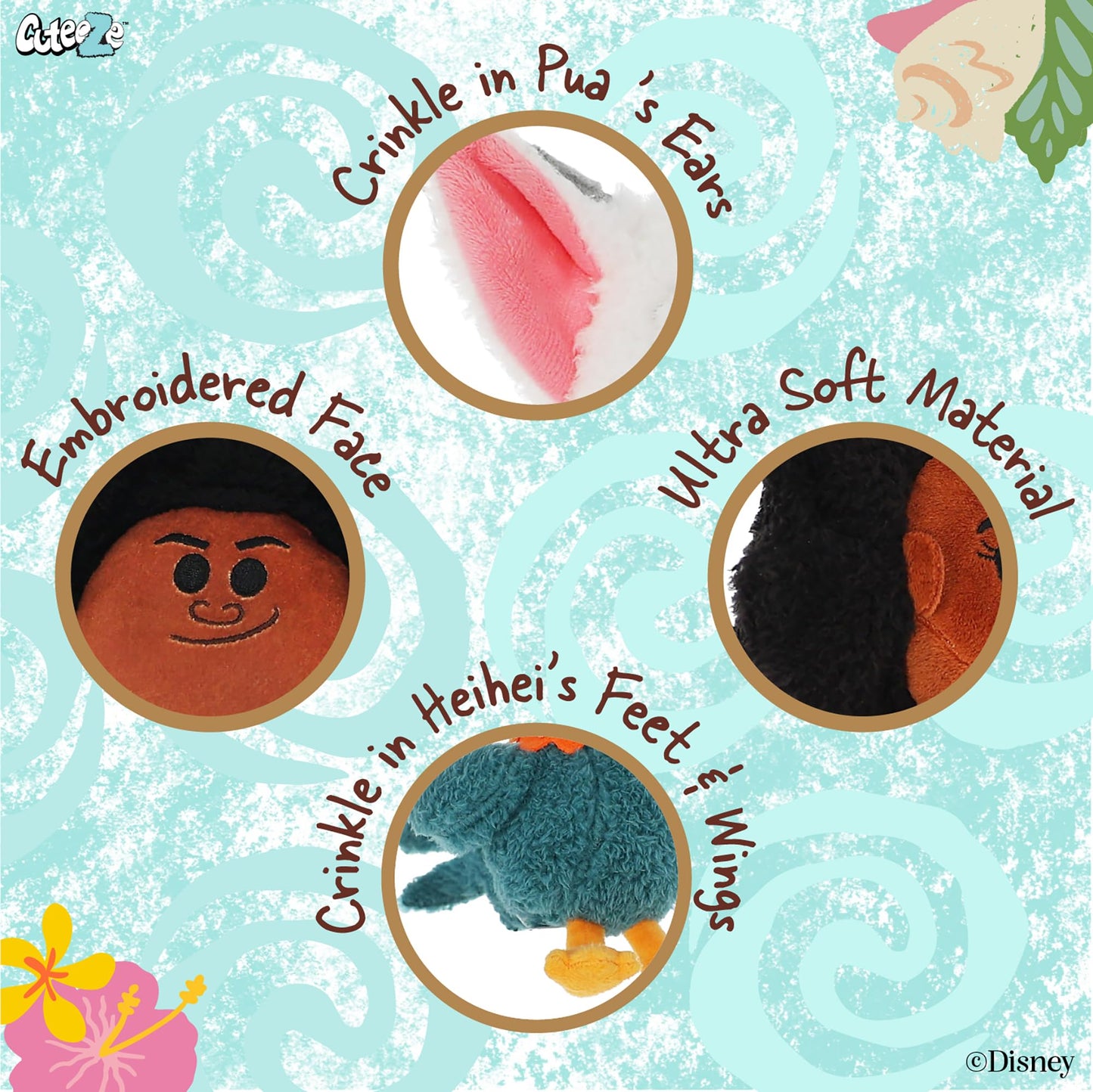 Kids Preferred Disney Baby Moana 4 Piece Cuteeze Set - Moana, Maui, Hey Hey, and Pua Plush - Collectible Stuffed Animals for Babies, Toddlers, & Kids