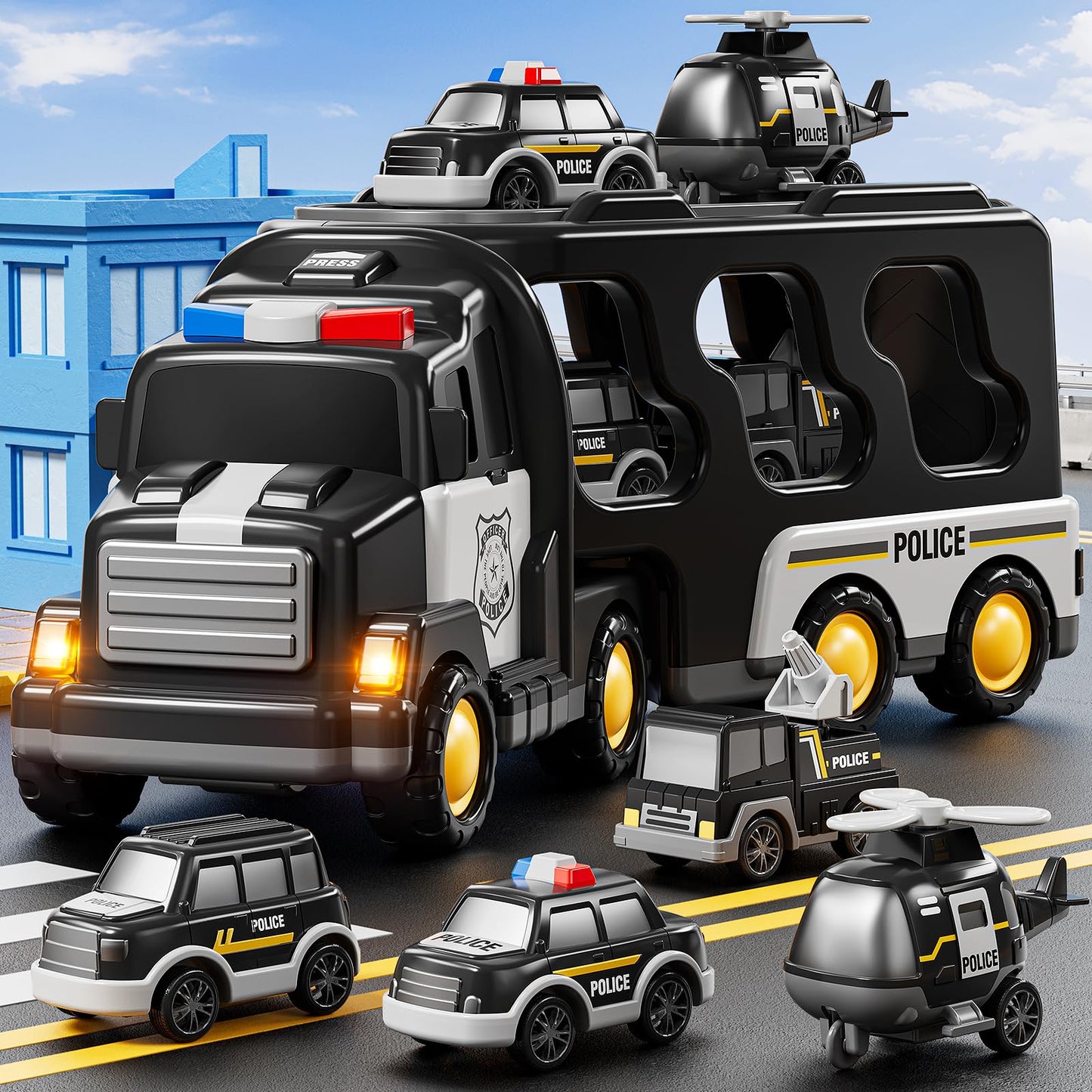 JUKUDAHU Police Truck Toy for 3 4 5 6 Years Old Boys - Carrier Vehicle Toy Set with 3 Small Cars and 1 Helicopter, Kids Firction Powered Car for Age 3-9, Gifts for Boys and Girls