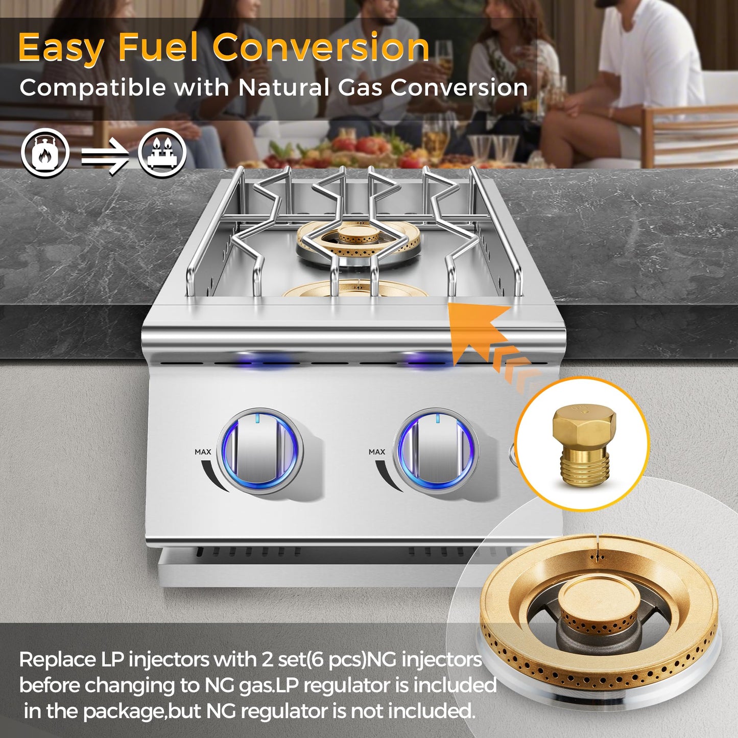 Huishenplus Grilling Side Burners for Outdoor Kitchen, 2 * 18,000BTU Liquid Propane Side Burner,Convertible to Natural Gas, Duty Heavy 304 Stainless Steel, Built-in Double Burner for BBQ Island Grill
