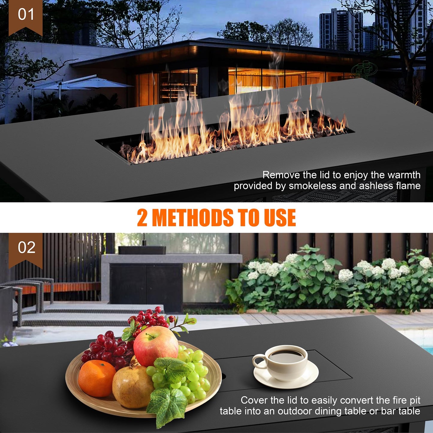 Shintenchi Propane Fire Pits 43″ Outdoor Gas Fire Pit, 50,000 BTU Rectangle Gas Fire Pit Table with Lava Rocks, 2-in-1 Fire Table with Removable Lid, CSA-Certified for Outside Patio,Parties,Backyard