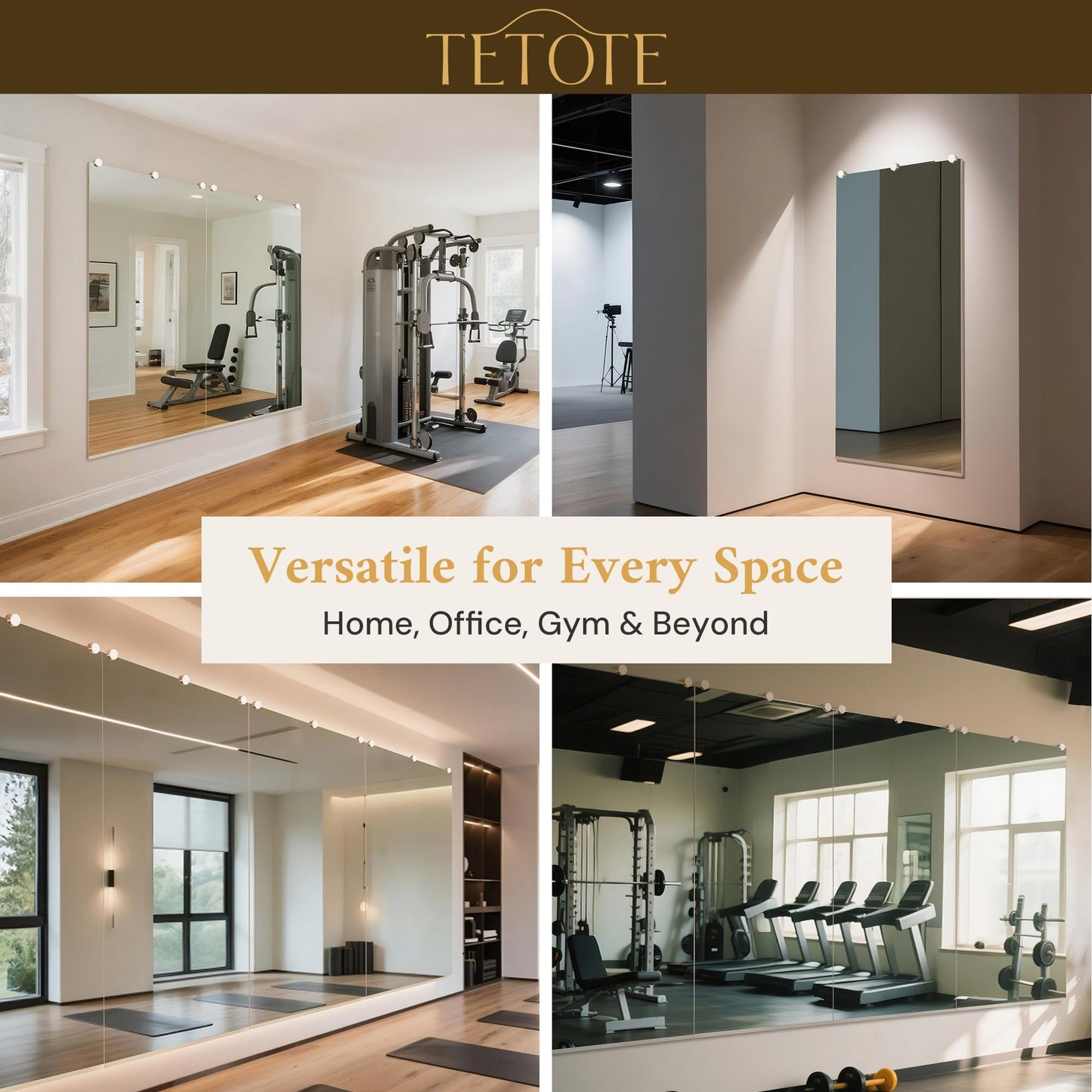 TETOTE Home Gym Mirror 48" x 24" x 2PCS, Large Full Body Mirror for Fitness, Yoga, Dance, Wall Mounted for Garage, Dance Studio, Bedroom, Oversized Frameless, 2 PCS