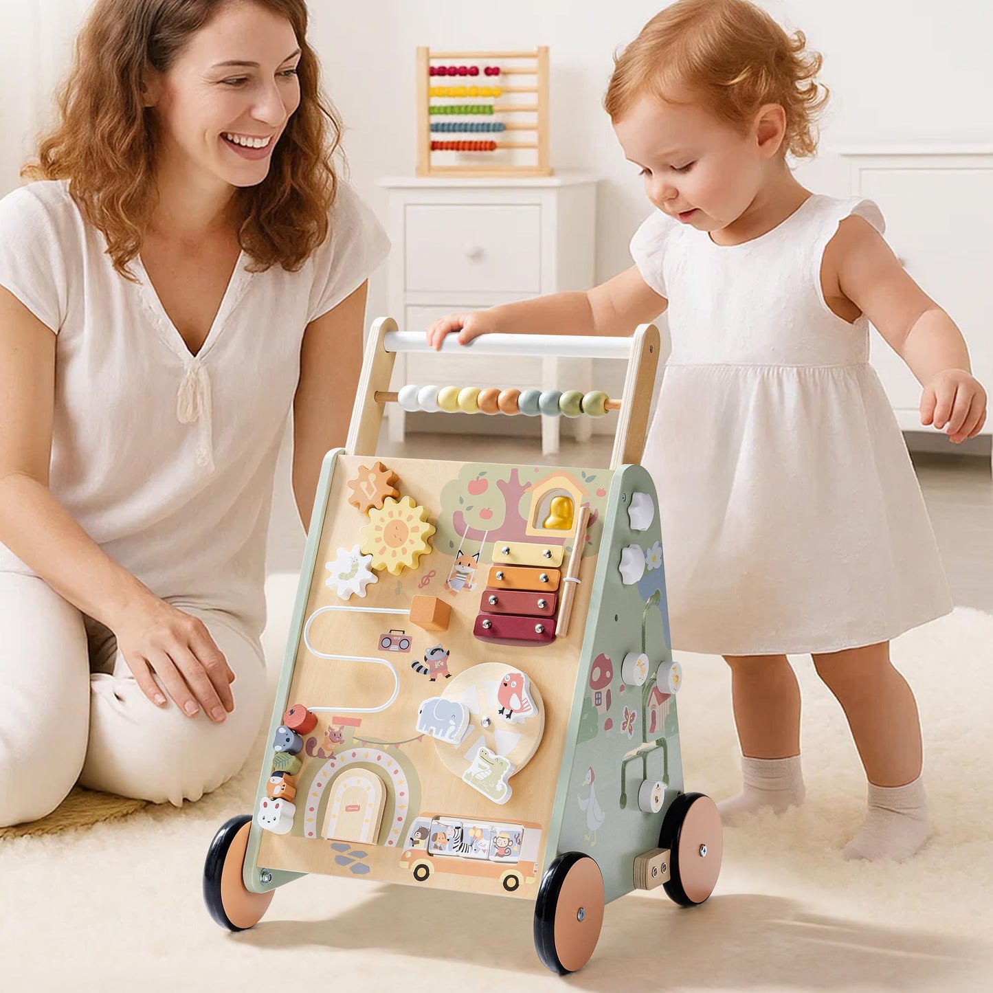 ROBOTIME Baby Walking Toy, Adjustable Speed & Height Wooden Baby Walker Push Toy, Montessori Toddler Push Toy with Brake, Storage & Multi-Activity Play Center for 10M+ Kids (Forest Fairy Tale)