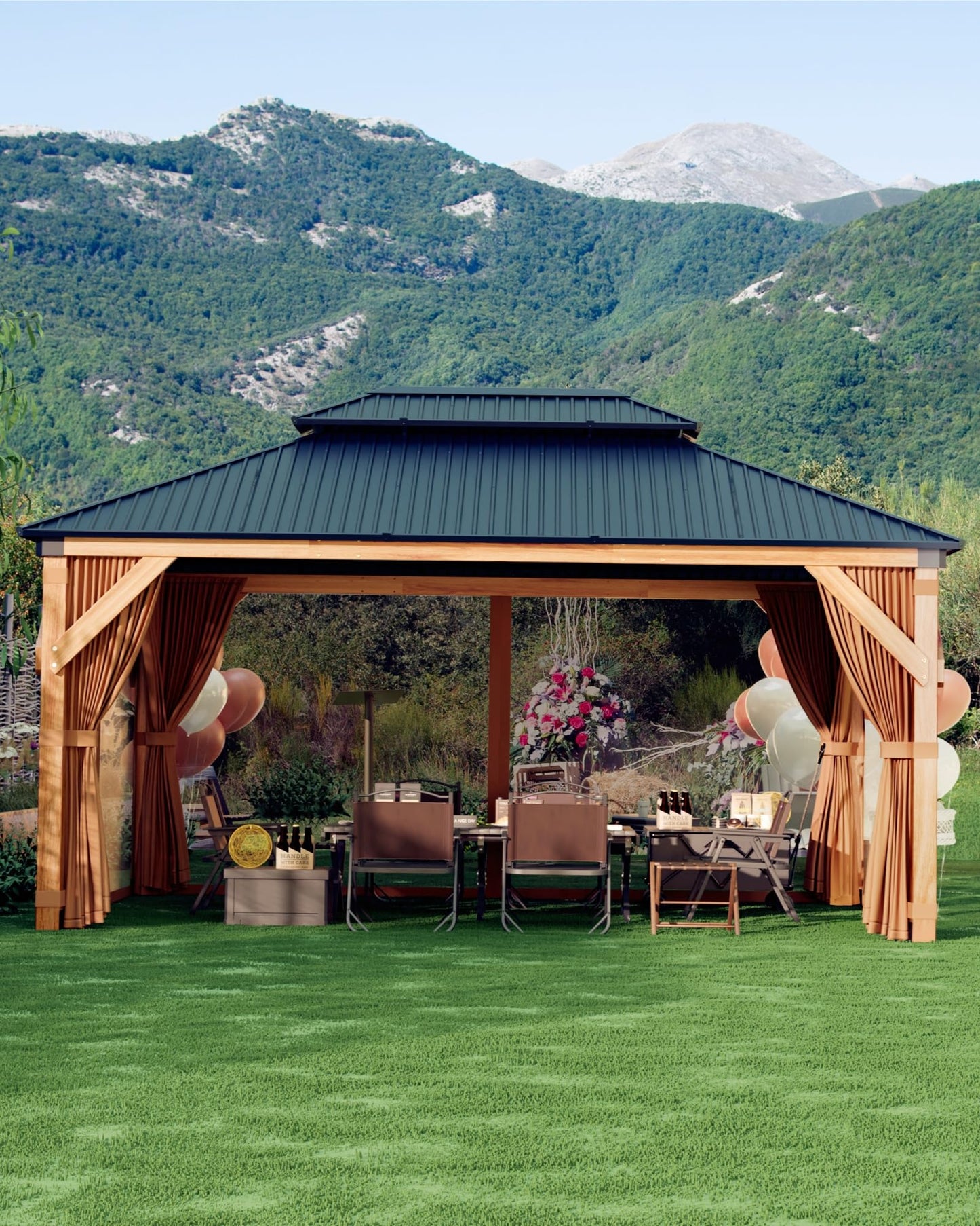 GarveeLife Hard top Wood Gazebo 12 ft x16 ft for All Weather, with Double Metal Roof, Heavy Duty Wooden Frame, Net, and Curtain, Permanent Building for Patio, Deck, Backyard, Lawn, and Garden, Khaki