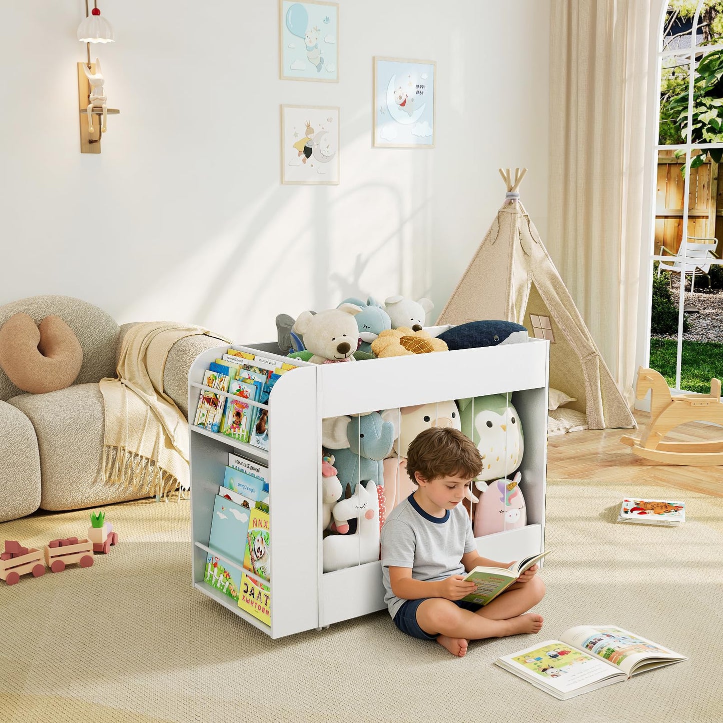 VortinT 3-in-1 Toy Storage Box with Bookshelf and Chalkboard, Large Stuffed Animal Toy Chest on Wheels, Kids Toy Storage Organizer Bin for Kids Room, Nursery & Playroom, for Kids, White