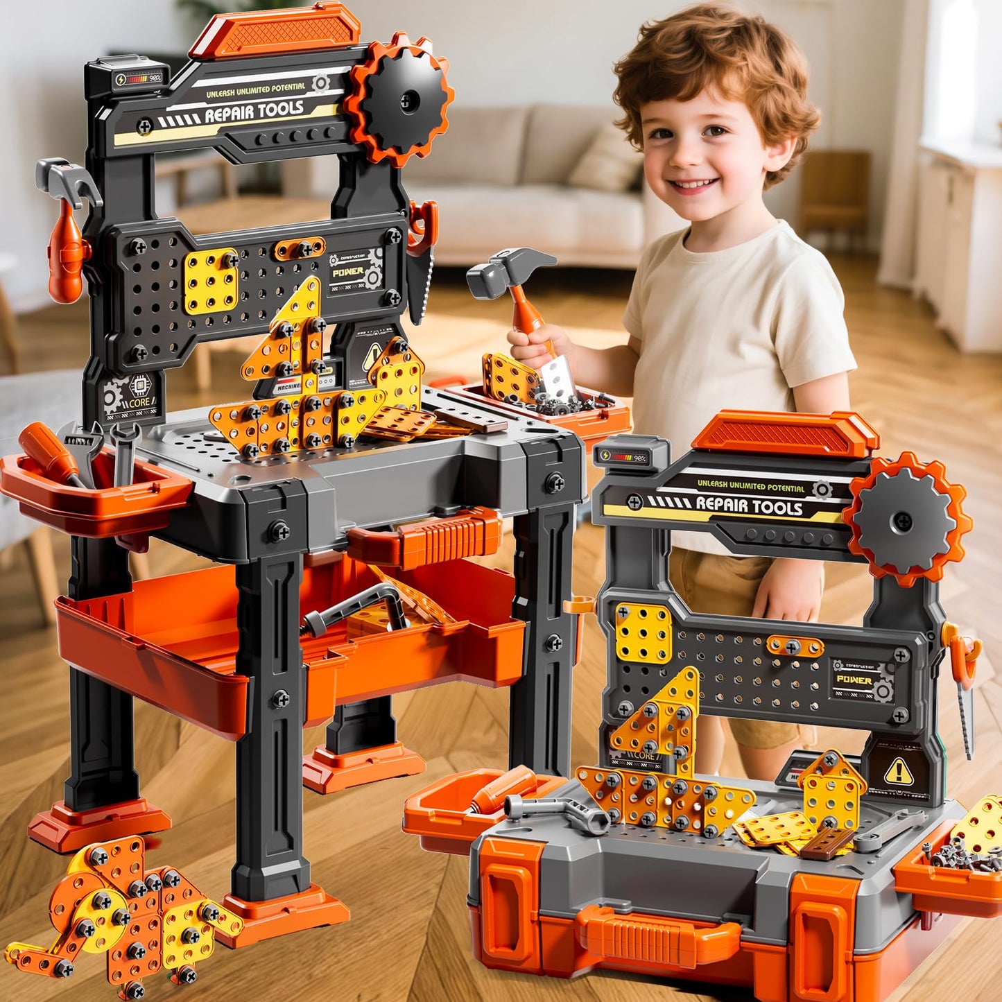 KIZONLY Kids Tools Toy Sets for Aged 3 4 5 6 7 8, 2 in 1 Workbench Toys for Toddlers 3-5, Pretend Play Toolbox, Construction Mechanic Set with Sound, Educational Birthday Gift for Boys Girls Ages 3-8