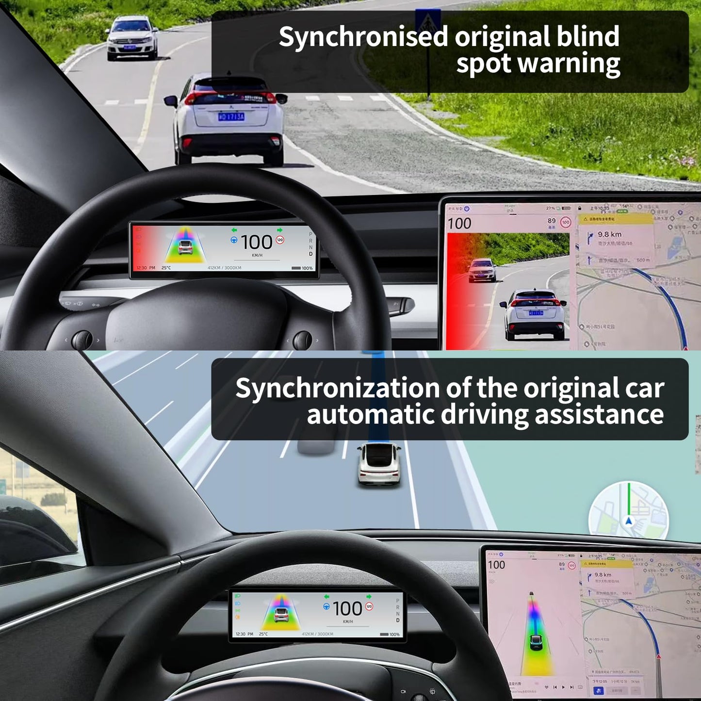 8.8” Ultra-Thin Head Up Display for Tesla 2024 Highland Model 3 with Front Camera, Wireless/Wired CarPlay & Android Auto,Spot Blind Warning,No AC Vent Block,Auto-Pilot,OTA Update