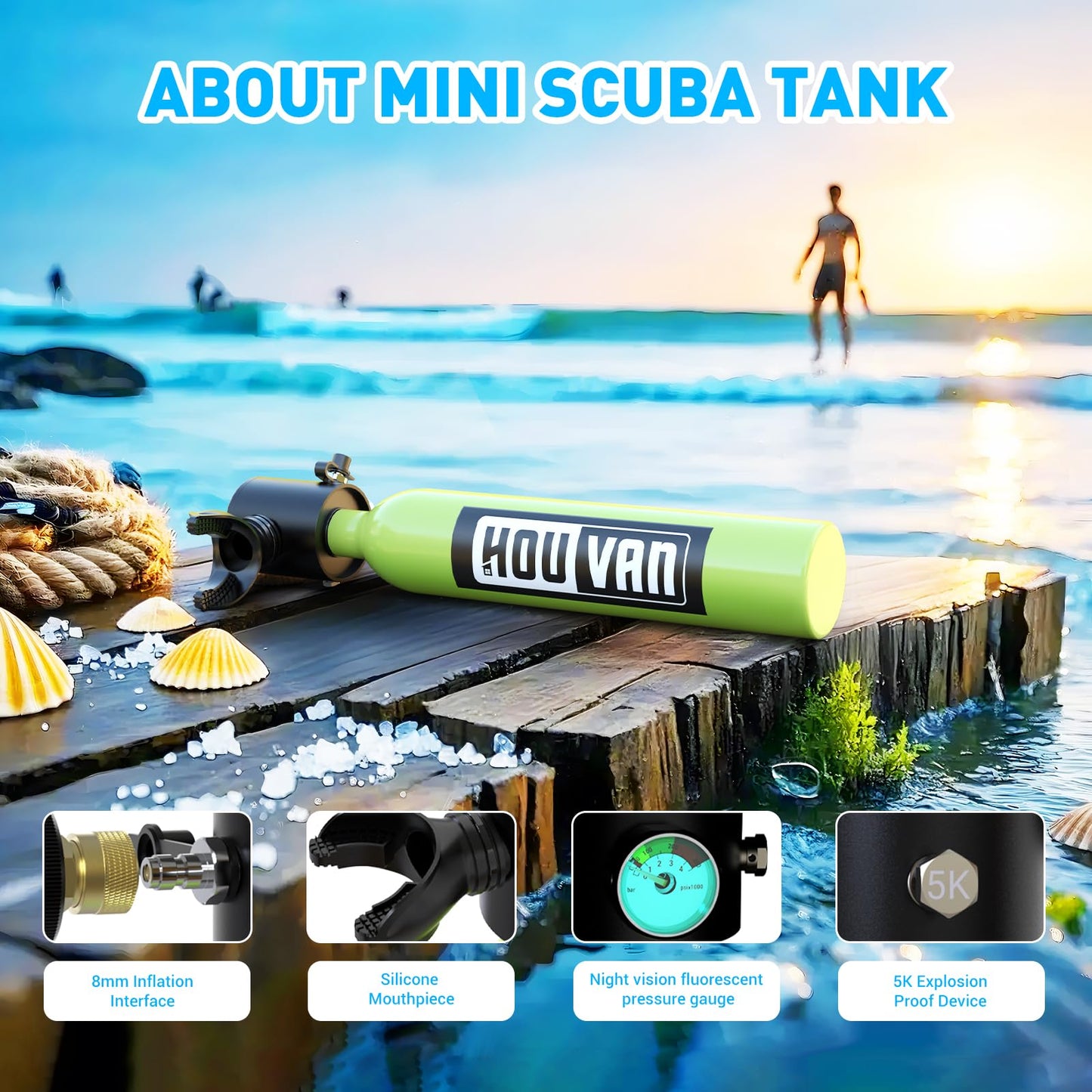 HOUVAN Mini Scuba Tank 0.5L Capacity Inflatable Diving Tank DOT Certified Portable Scuba Tank Support Underwater Breathing up to 16ft for Underwater Work/Underwater Recreation