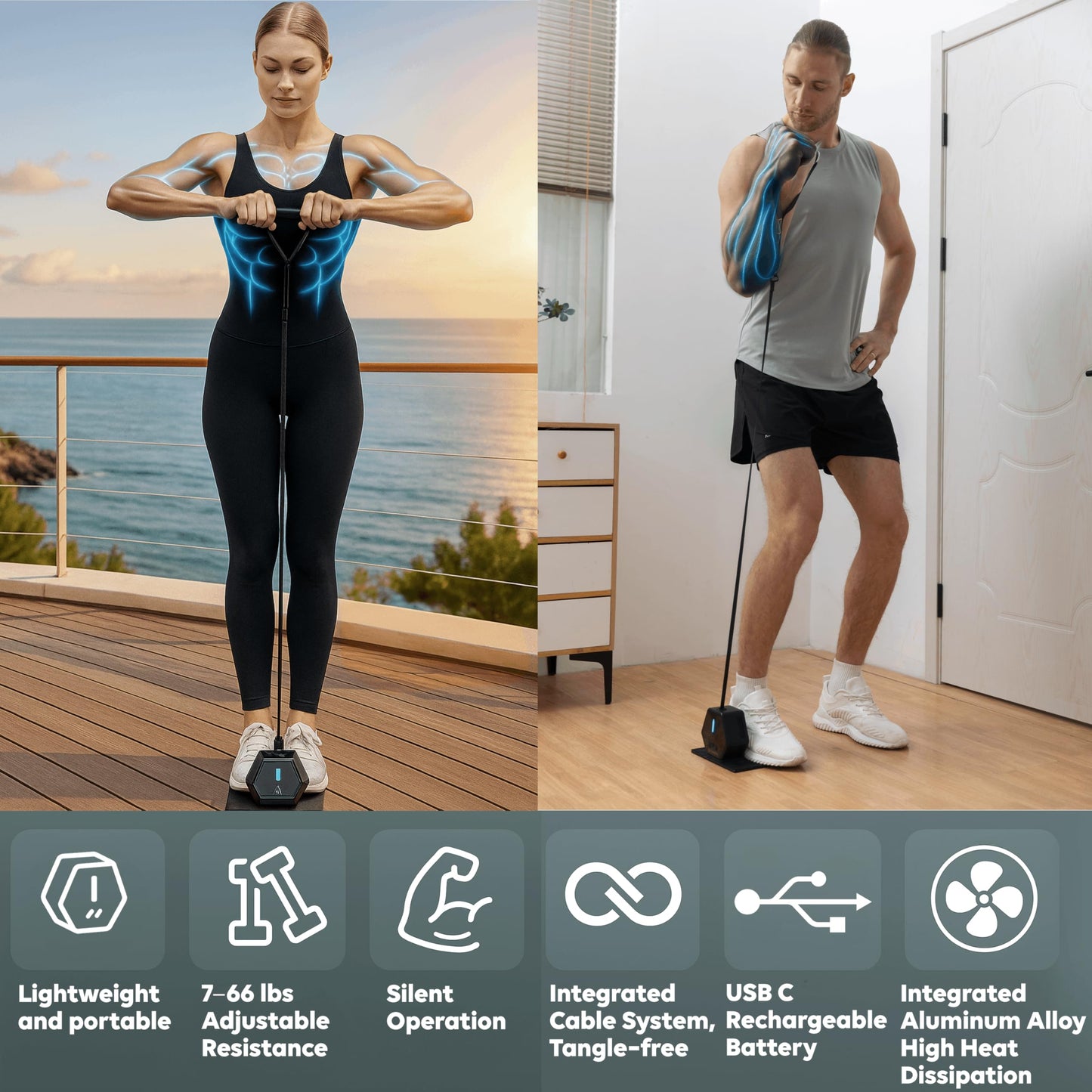 Tensial Smart Home Gym - Portable Home Gym Equipment with Digital Resistance 7-66 lbs | Single Motor Electronic Cable Machine for Strength Training | Compact Motorized Adjustable Weight Fitness System