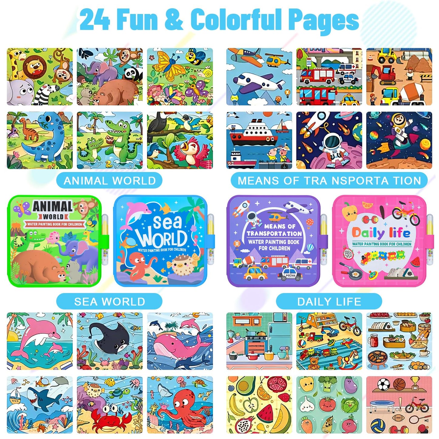 AIR BLOW Reusable Water Coloring Book for Kids, Magic Water Painting Books Toddler Travel Toys, Mess-Free Educational Activity Set, 3 Books with 3 Pens, Animal Ocean Transportation Daily Life YW1
