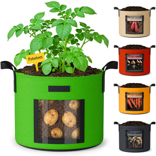 10 Gallon Potato Grow Bags: 5 Pack 350G Heavy Duty Thickened Grow Bags with Clear Harvest Window & Durable Handles - Felt Nonwoven Fabric Pots Planting Container for Plants Vegetable Flowers Herbs