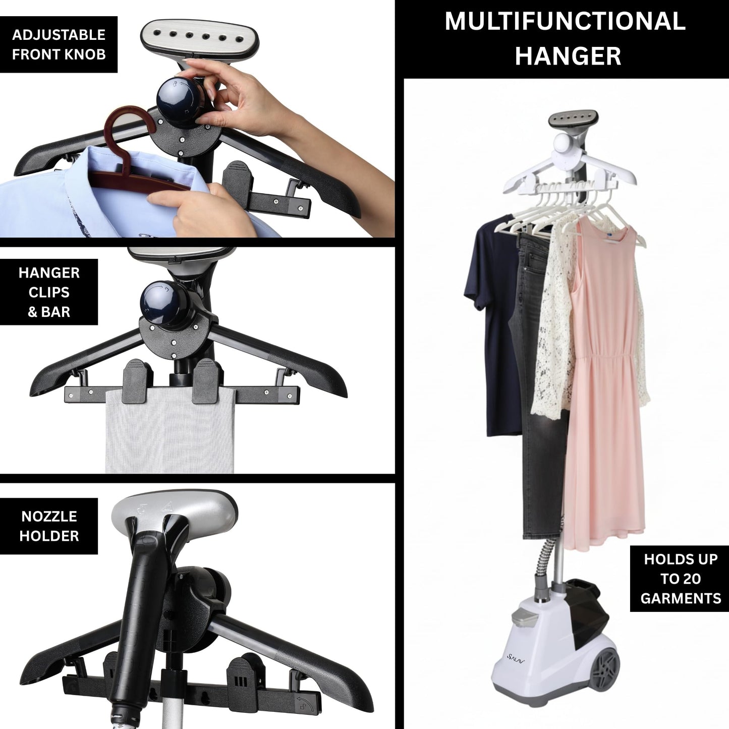 SALAV® Heavy Duty Smart Auto Shut-off Commercial Full-Size Garment Steamer, Beeping Alert when Water Runs out, Foot Pedal Control, XL 3L (101.5 oz) Tank, 1800 watts, 90+min of Continuous Steam, White